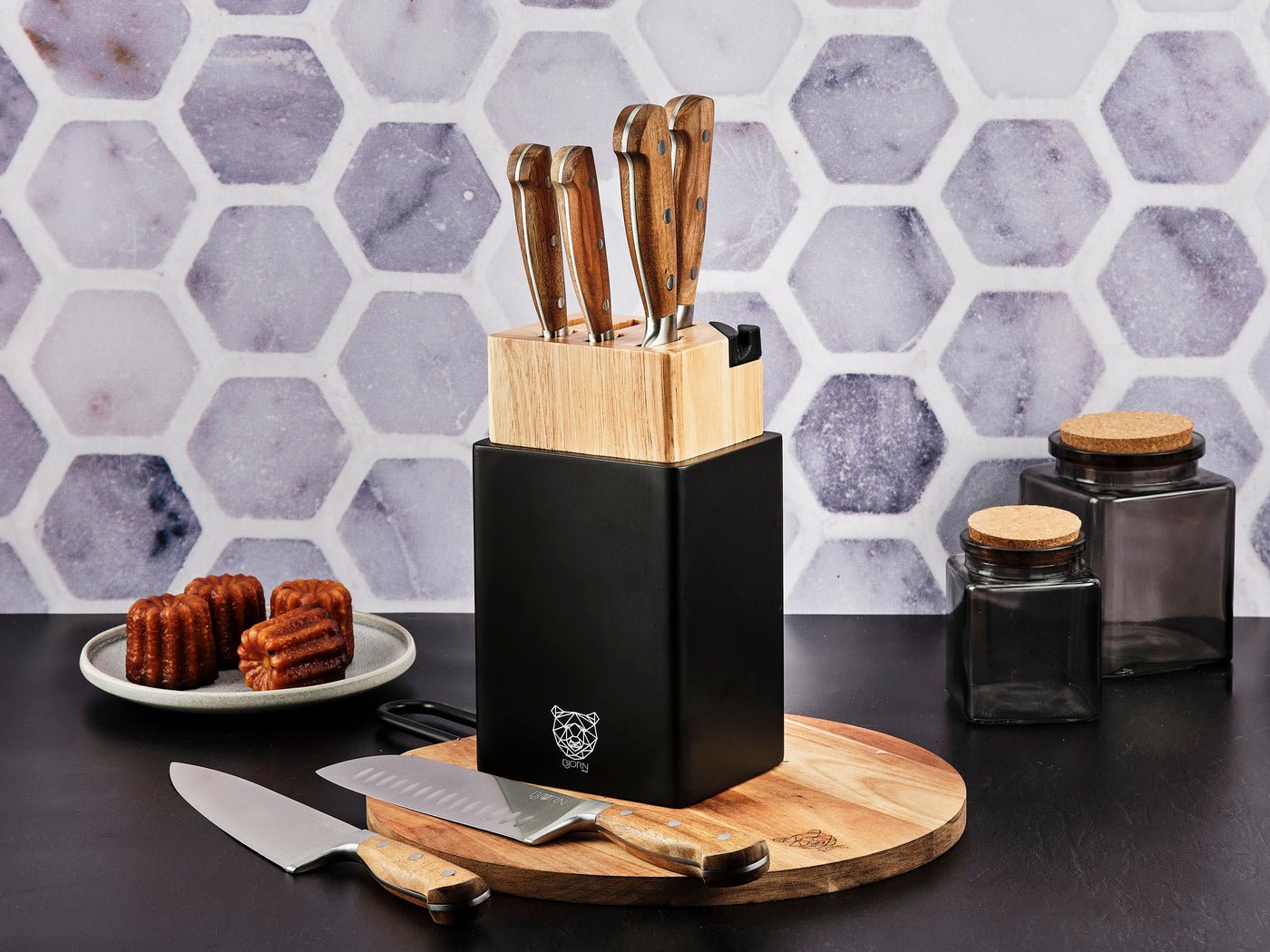 Jakob Porvoo kitchen knife set - 8 pieces BJORN Brown