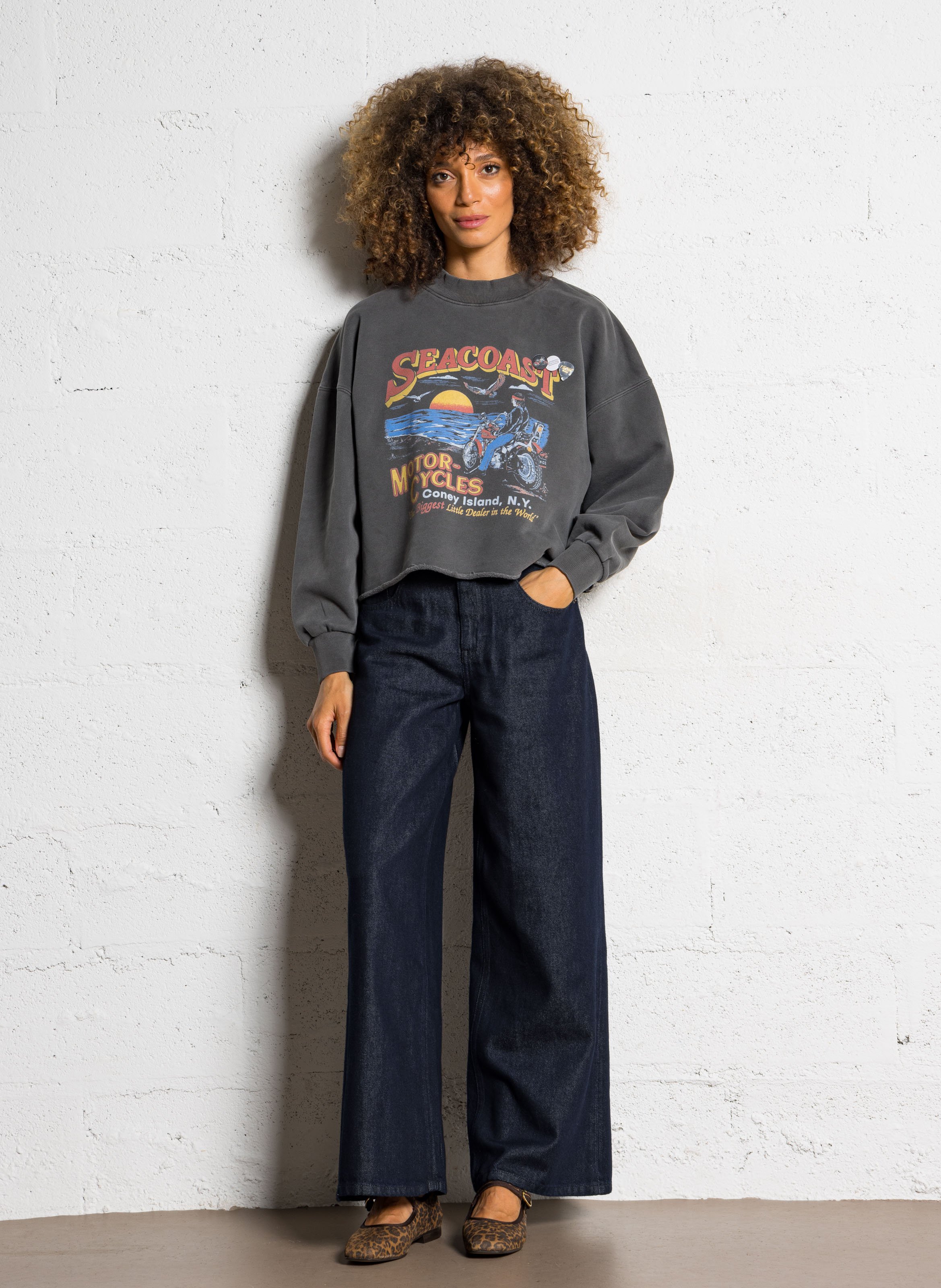 Sweat ample col montant sérigraphié en coton NEWTONE Gris