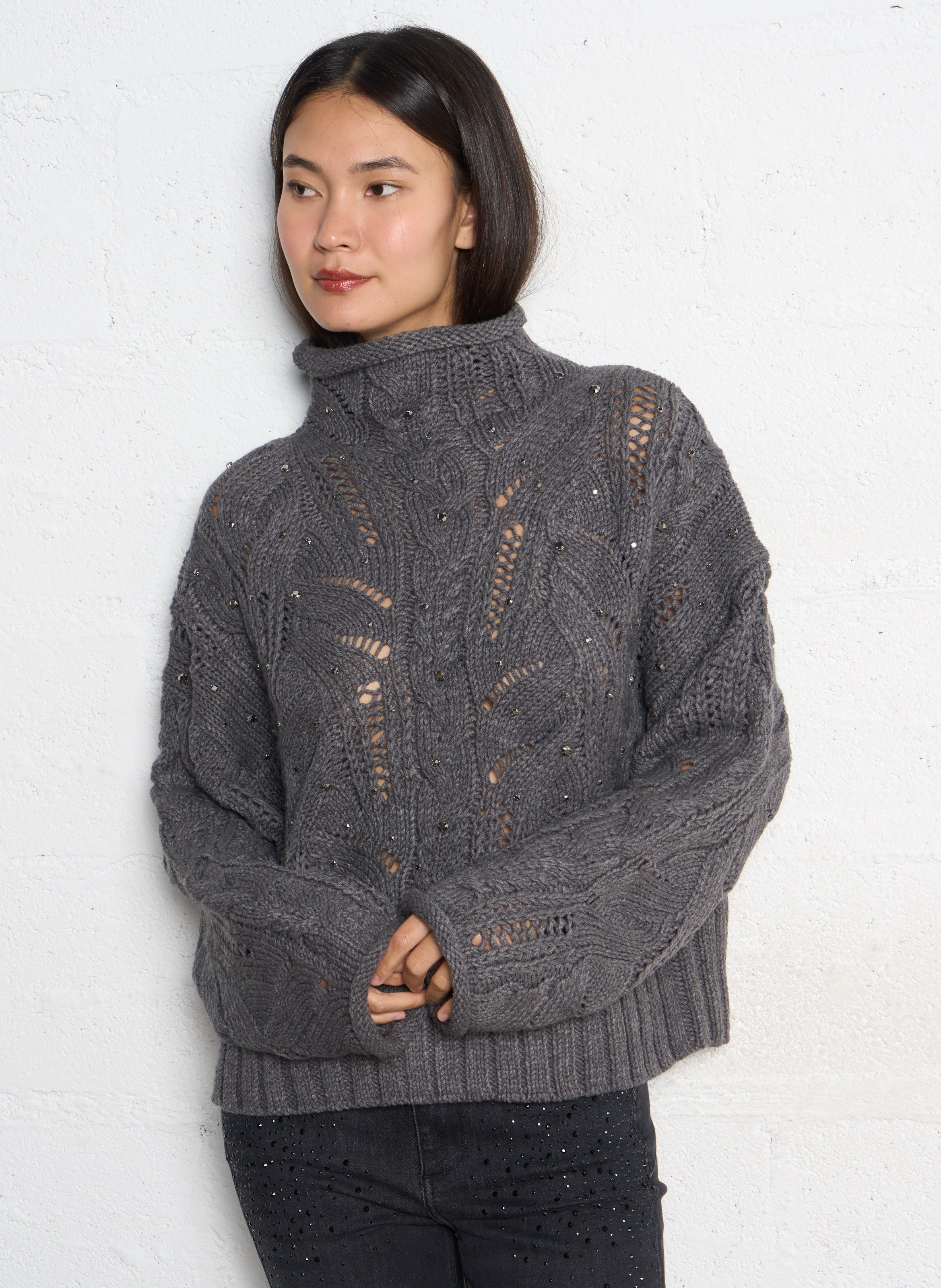 Oversize-Pullover mit Stehkragen und Strasssteinen LIU JO Grau
