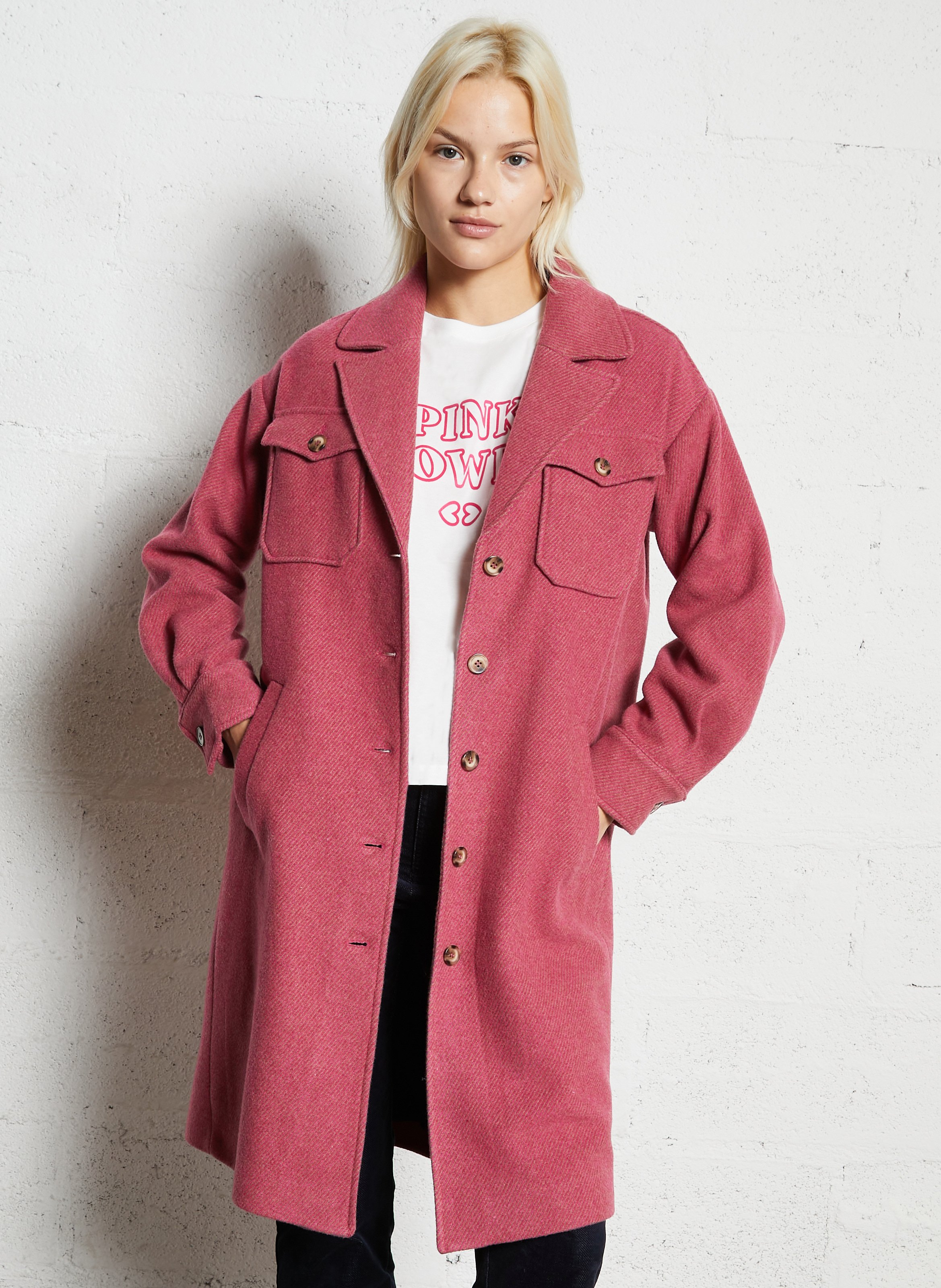 Striped straight coat in blended wool I CODE Pink