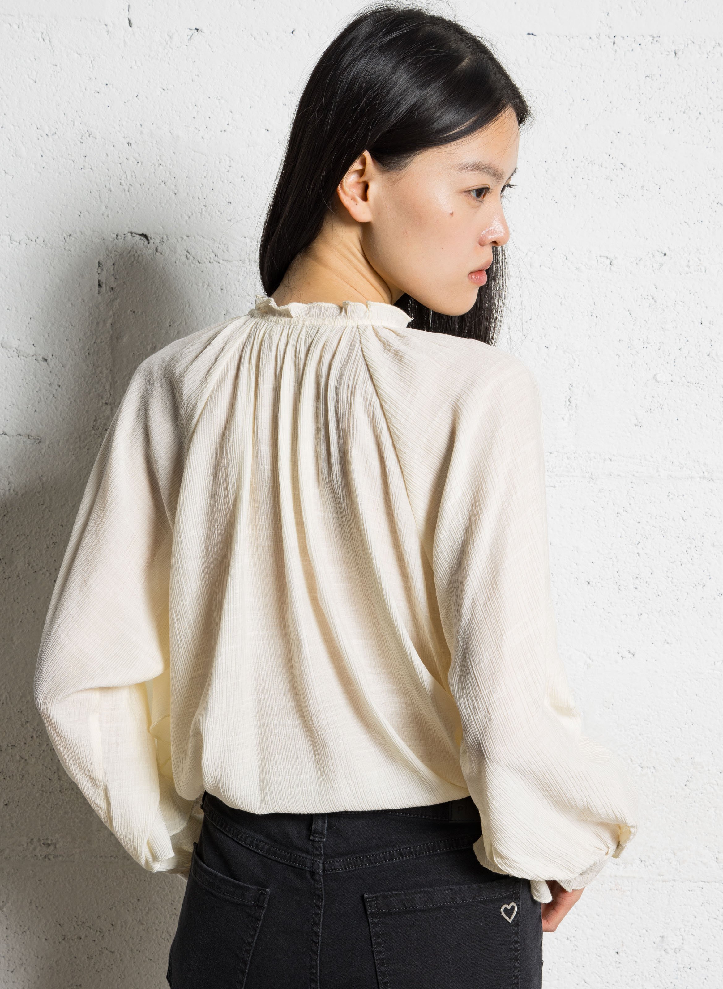 Flowy blouse with ruffled round neck. LA PETITE ETOILE Beige