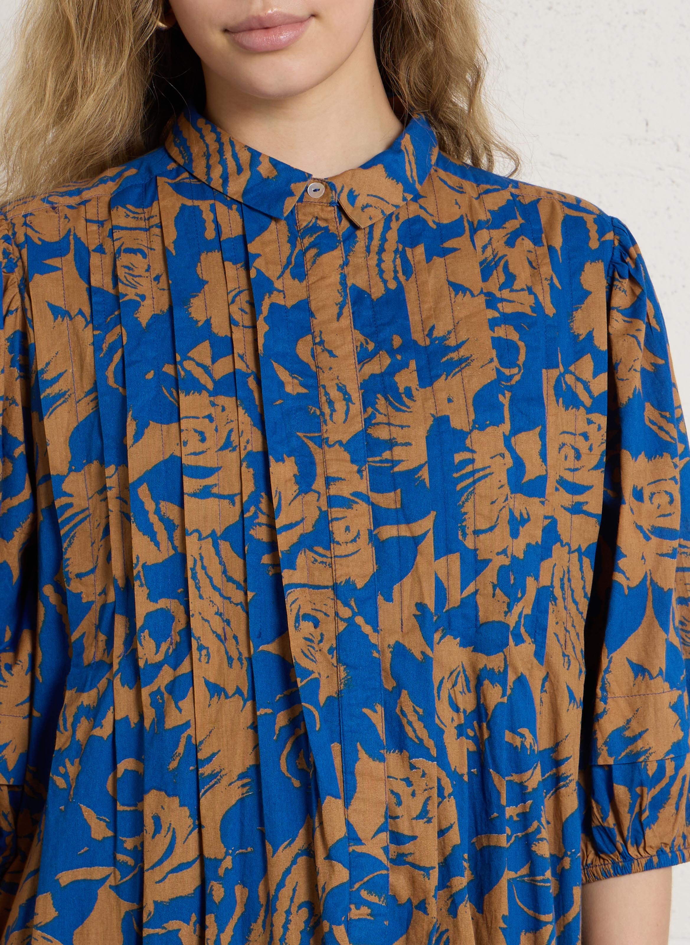 Loose-fitting long dress with classic collar in organic cotton LEON & HARPER Blue