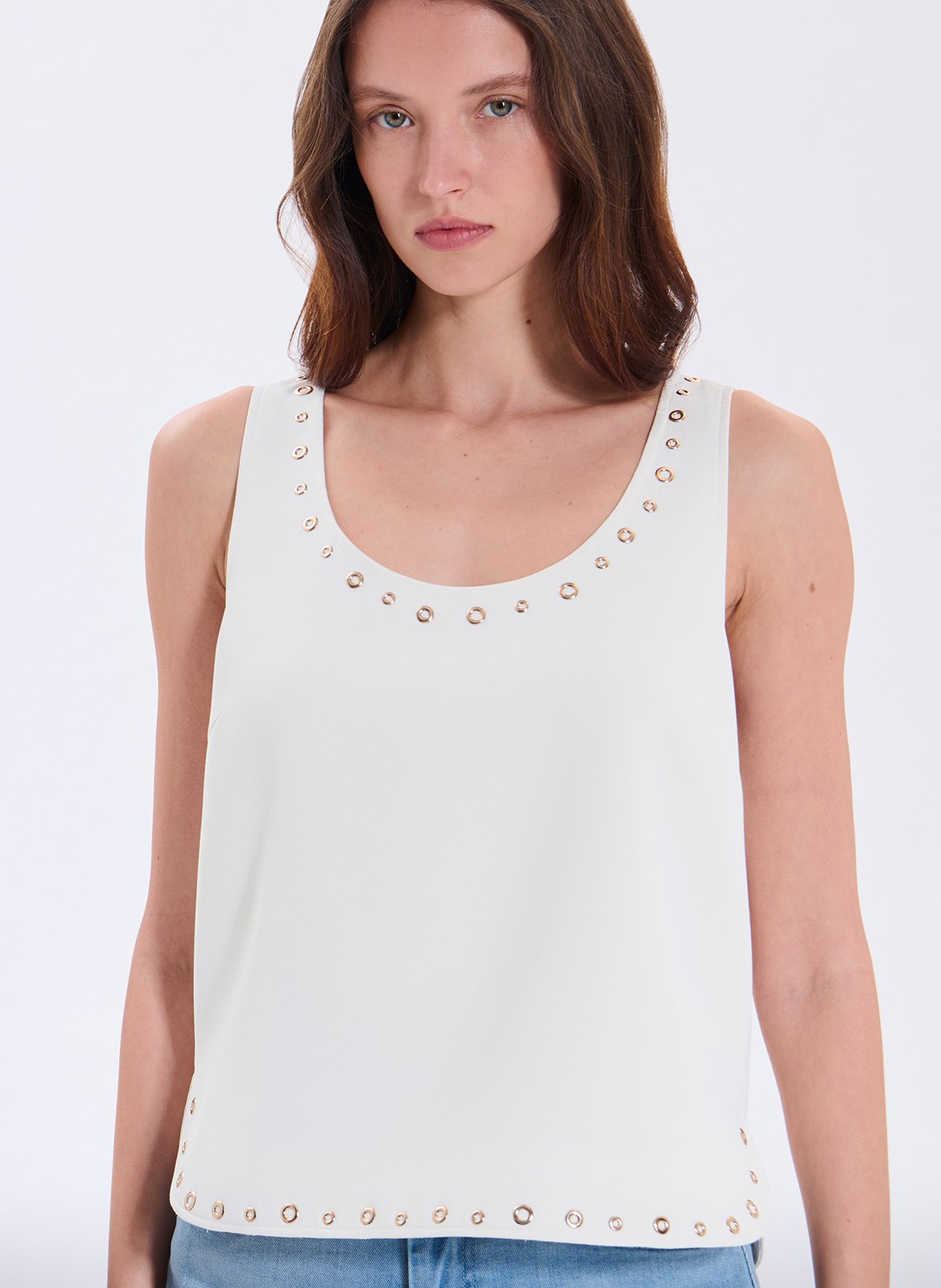 Gerade geschnittene, ärmellose Bluse aus Viskose-Mix ZAPA Weiss