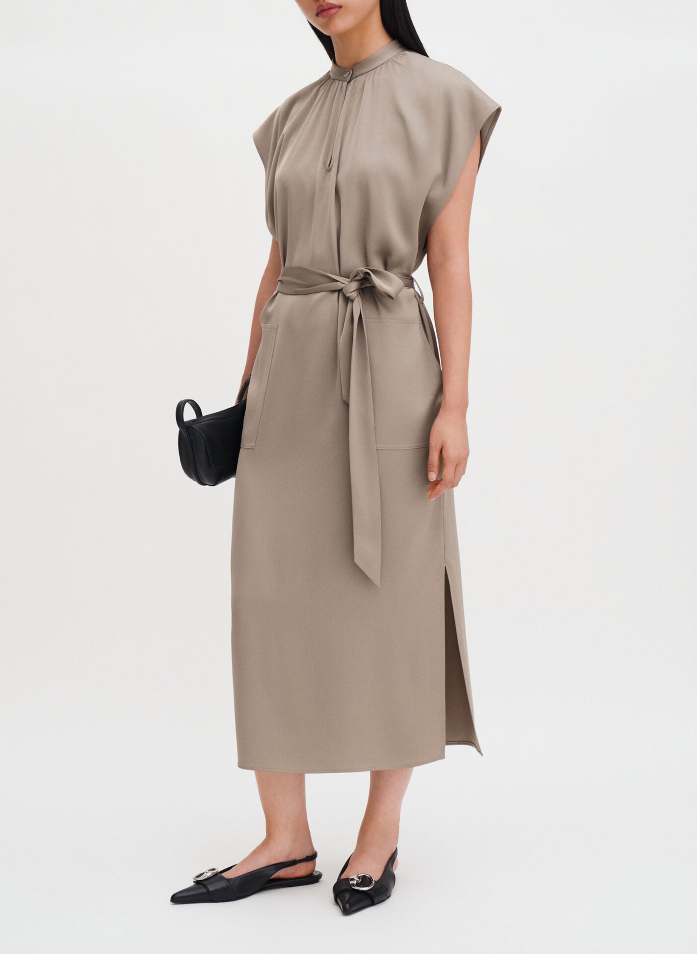 Vestido midi con cinturón liso FILIPPA K Beige