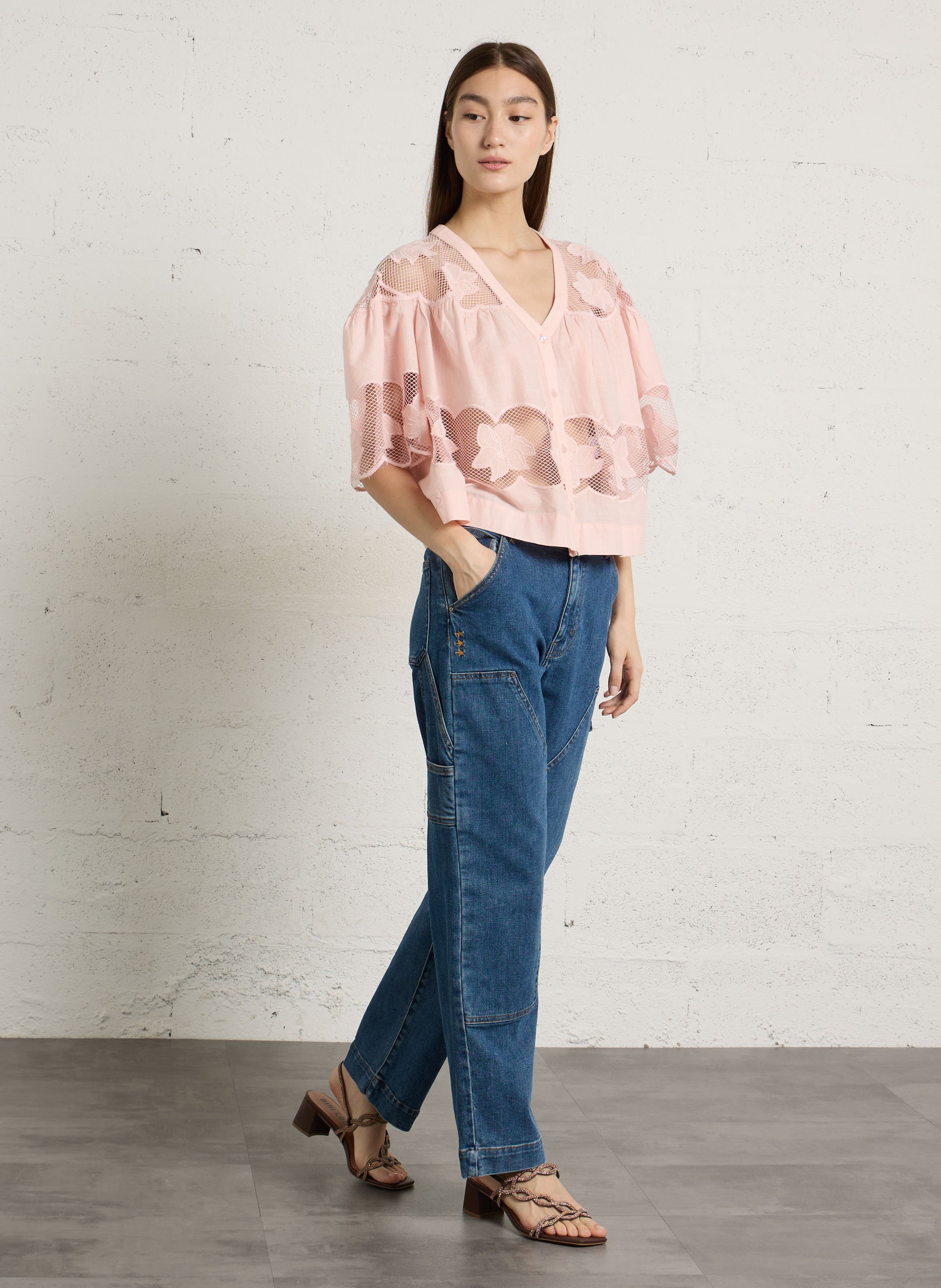 Oversized V-neck cotton blouse BERENICE Pink