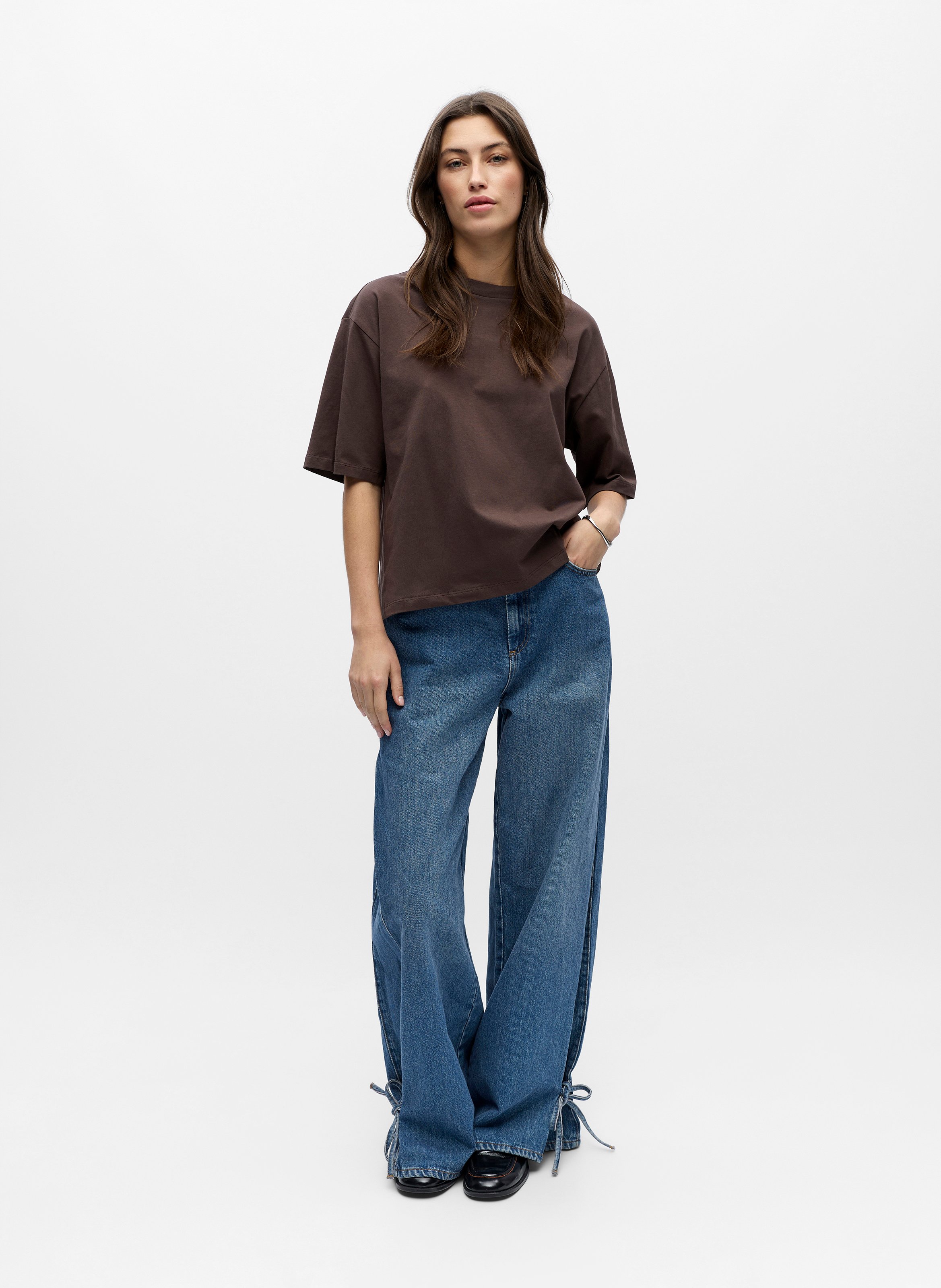T-shirt van biologisch katoen met ronde hals | Bruin OBJECT Dames
