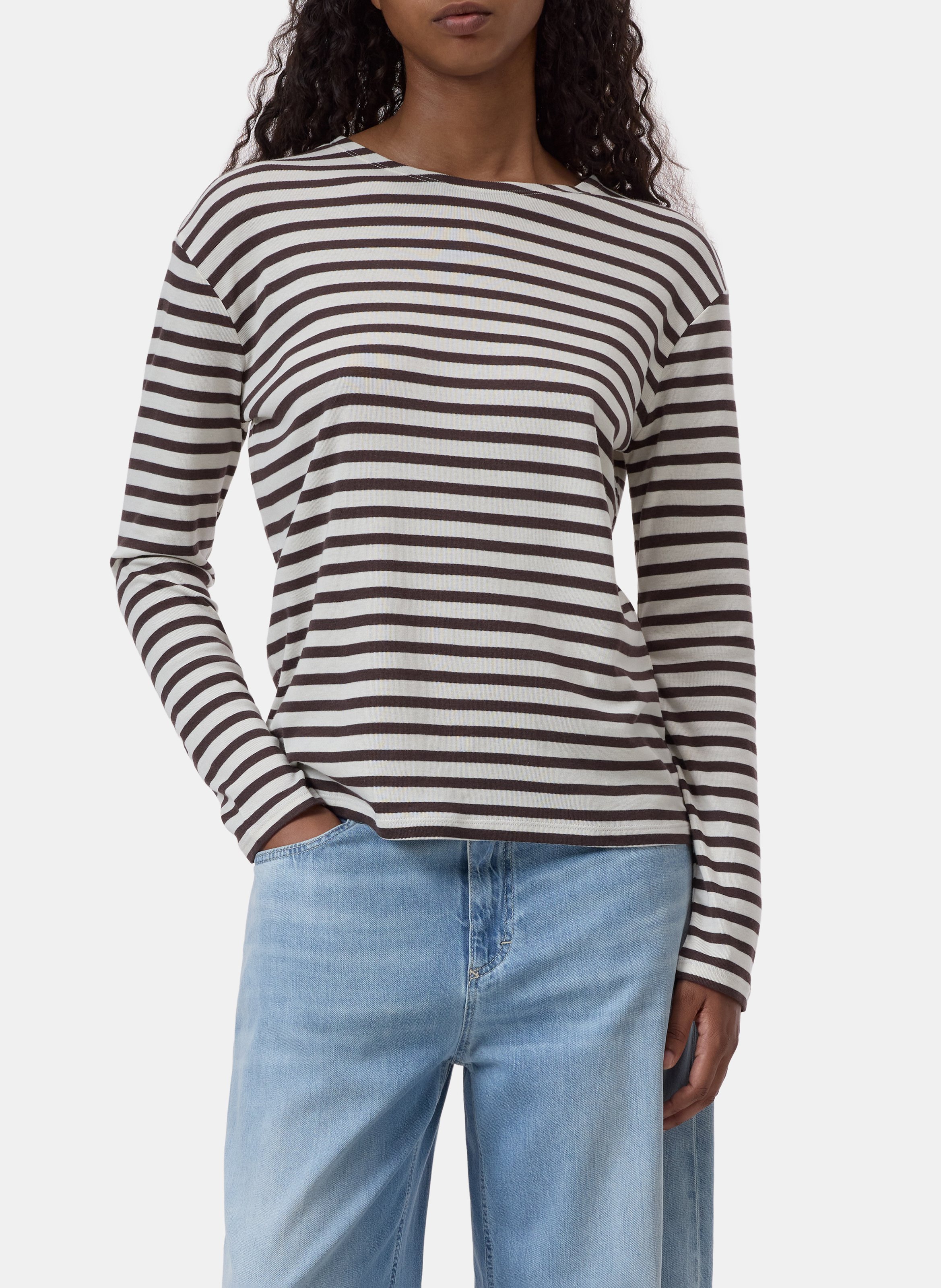 Round-neck striped cotton-blend T-shirt CLOSED Brown