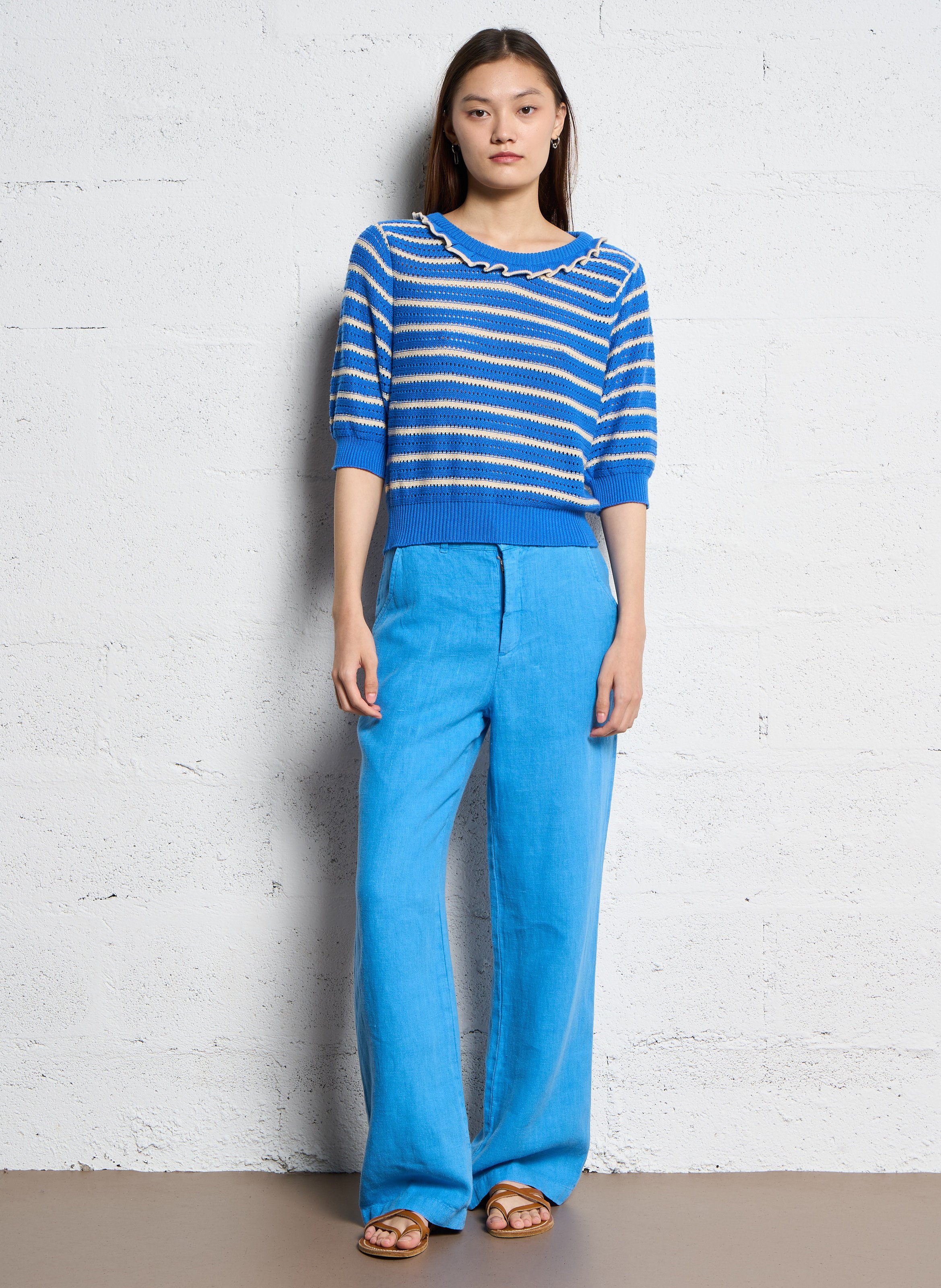 Pull droit col rond en coton Bleu