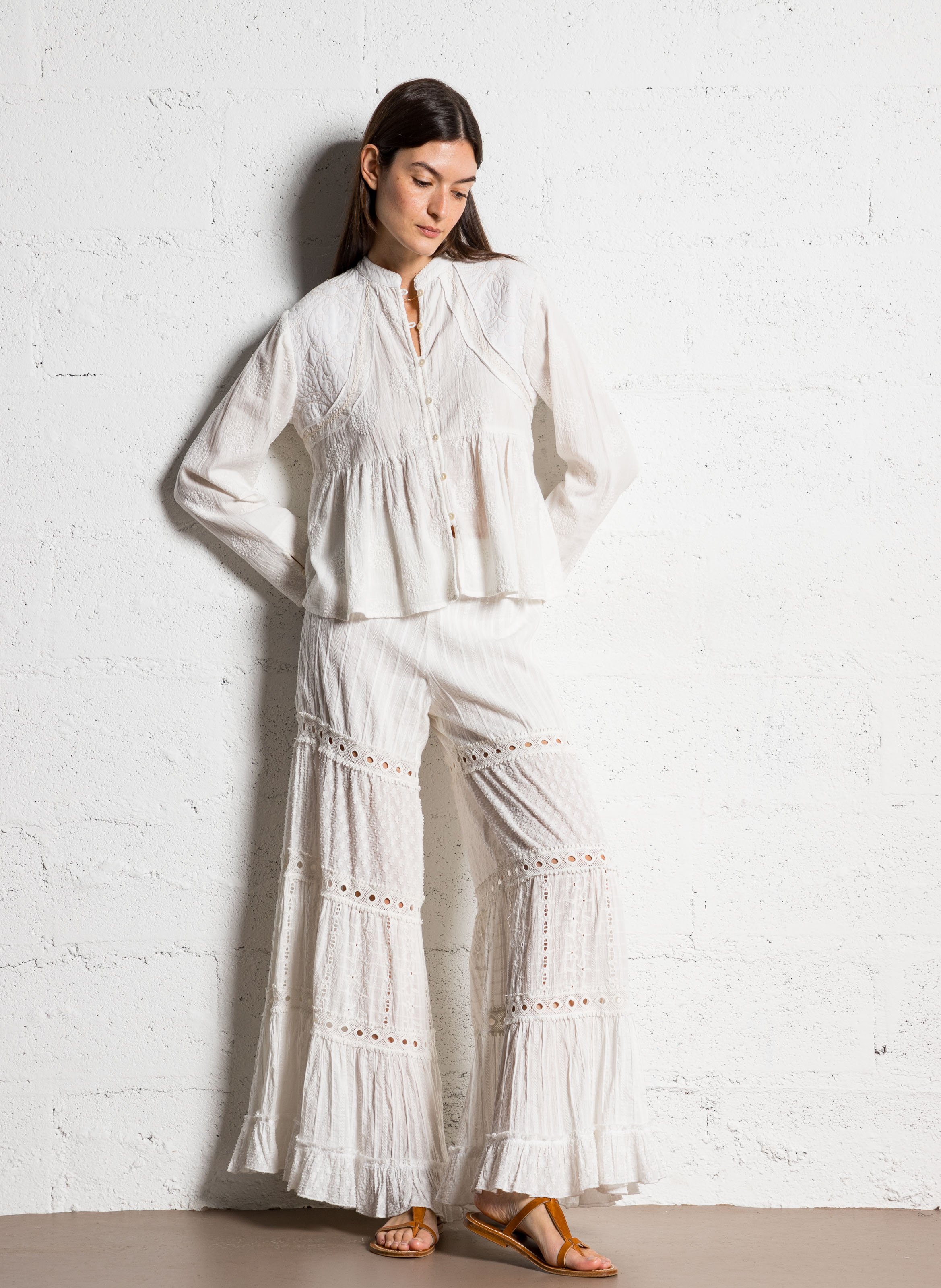 Ruffled and embroidered cotton blouse MAISON HOTEL Beige