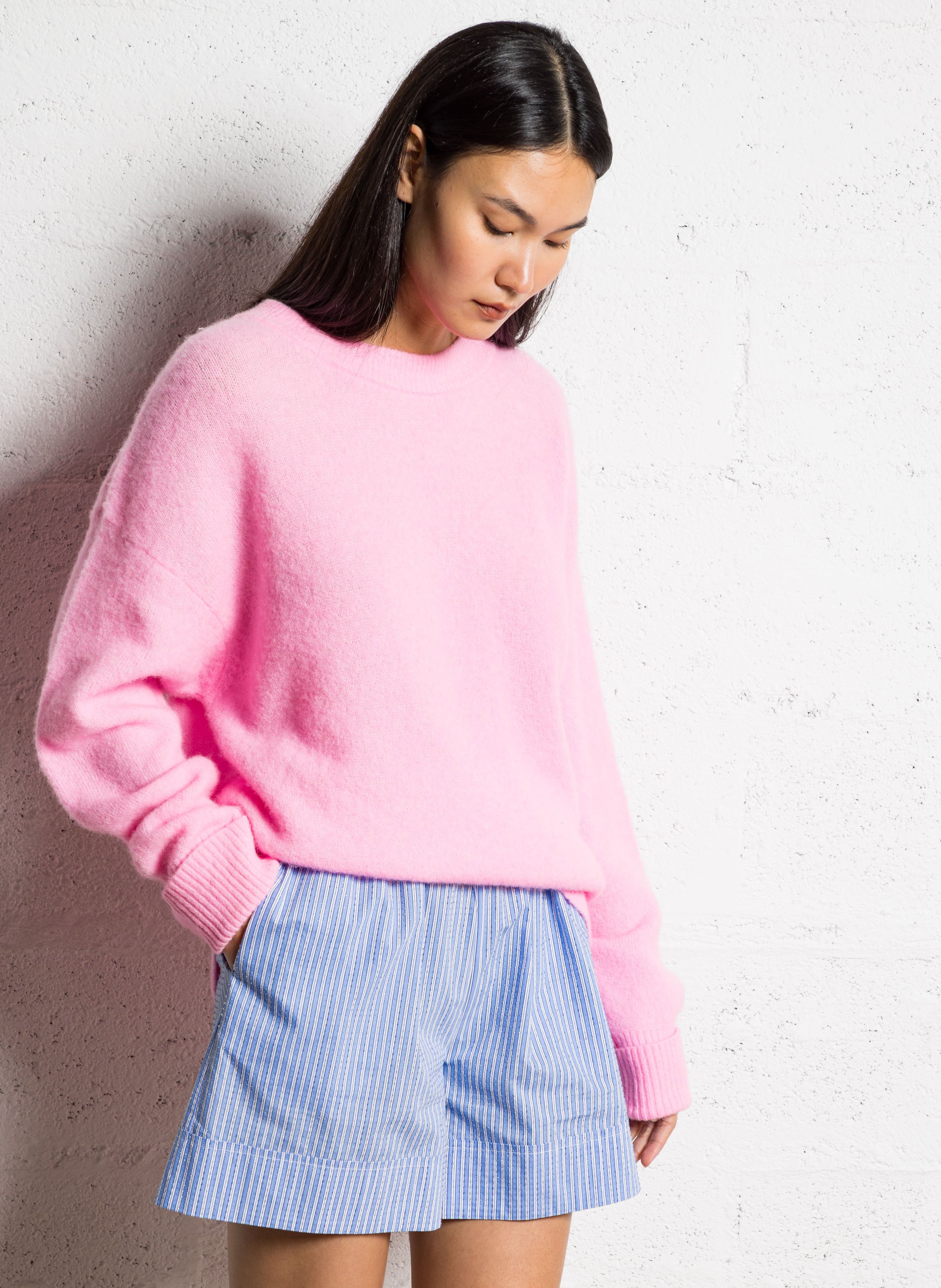 Pull ample col rond en laine mélangée Rose