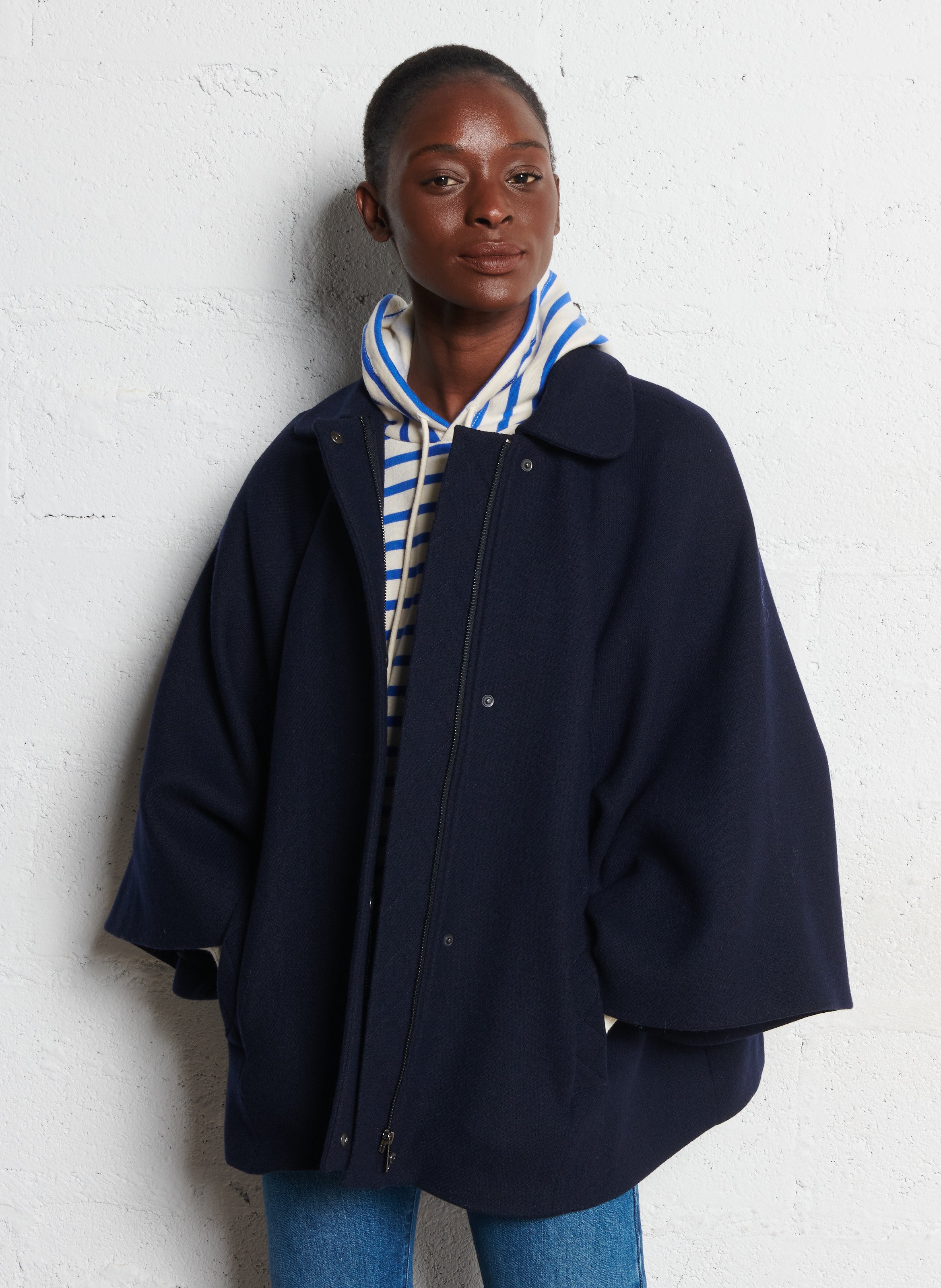 CAPE AMPLE EN LAINE MÉLANGÉE BLEU MARINE ONE STEP - FEMME | Place des Tendances