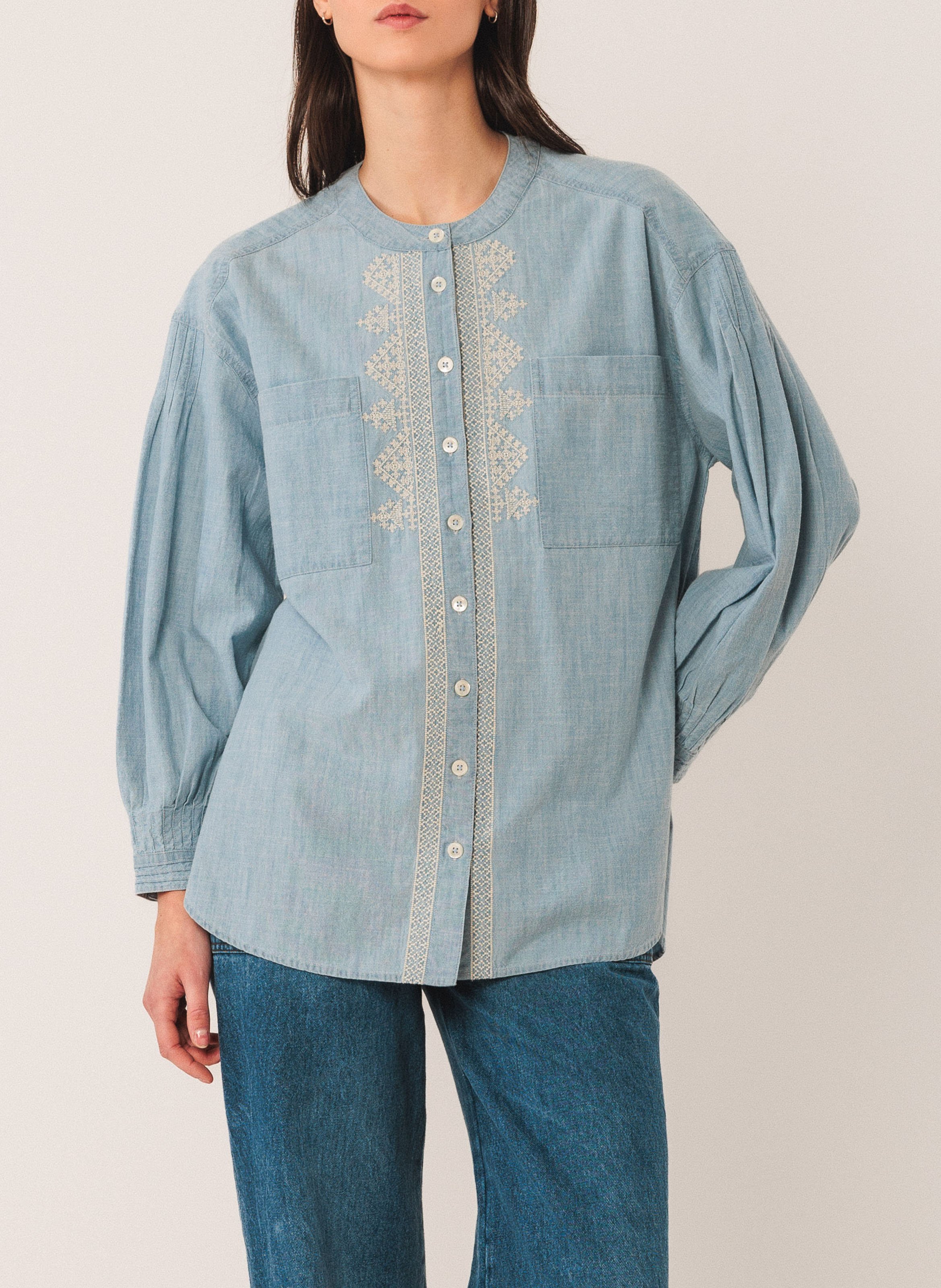 Chemise droite col rond en coton INDI & COLD Bleu