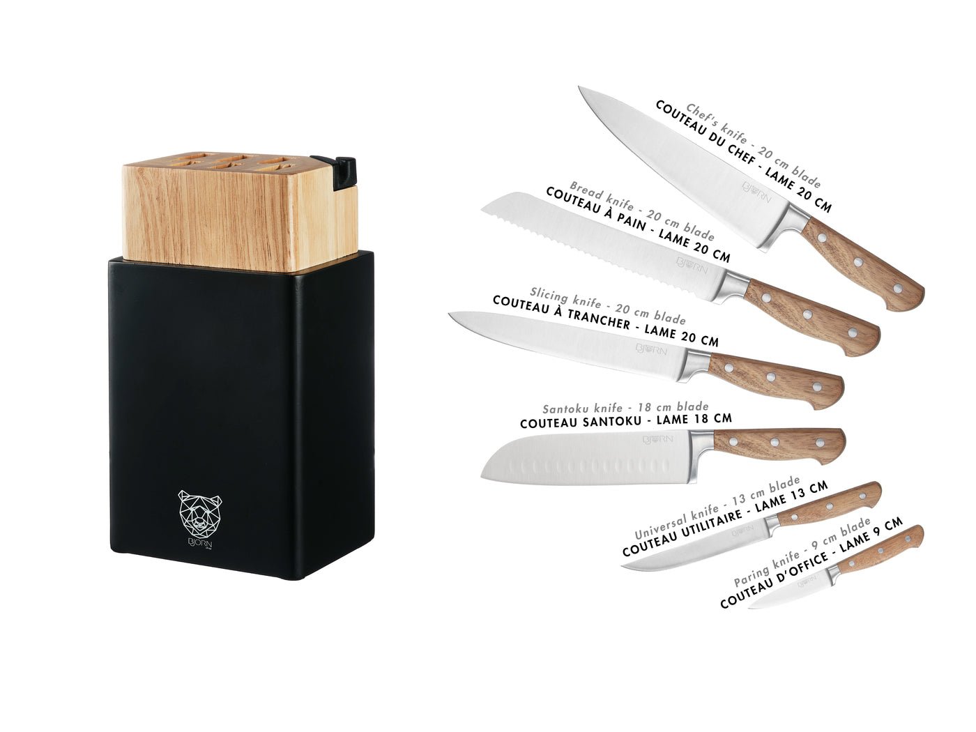 Jakob Porvoo kitchen knife set - 8 pieces BJORN Brown