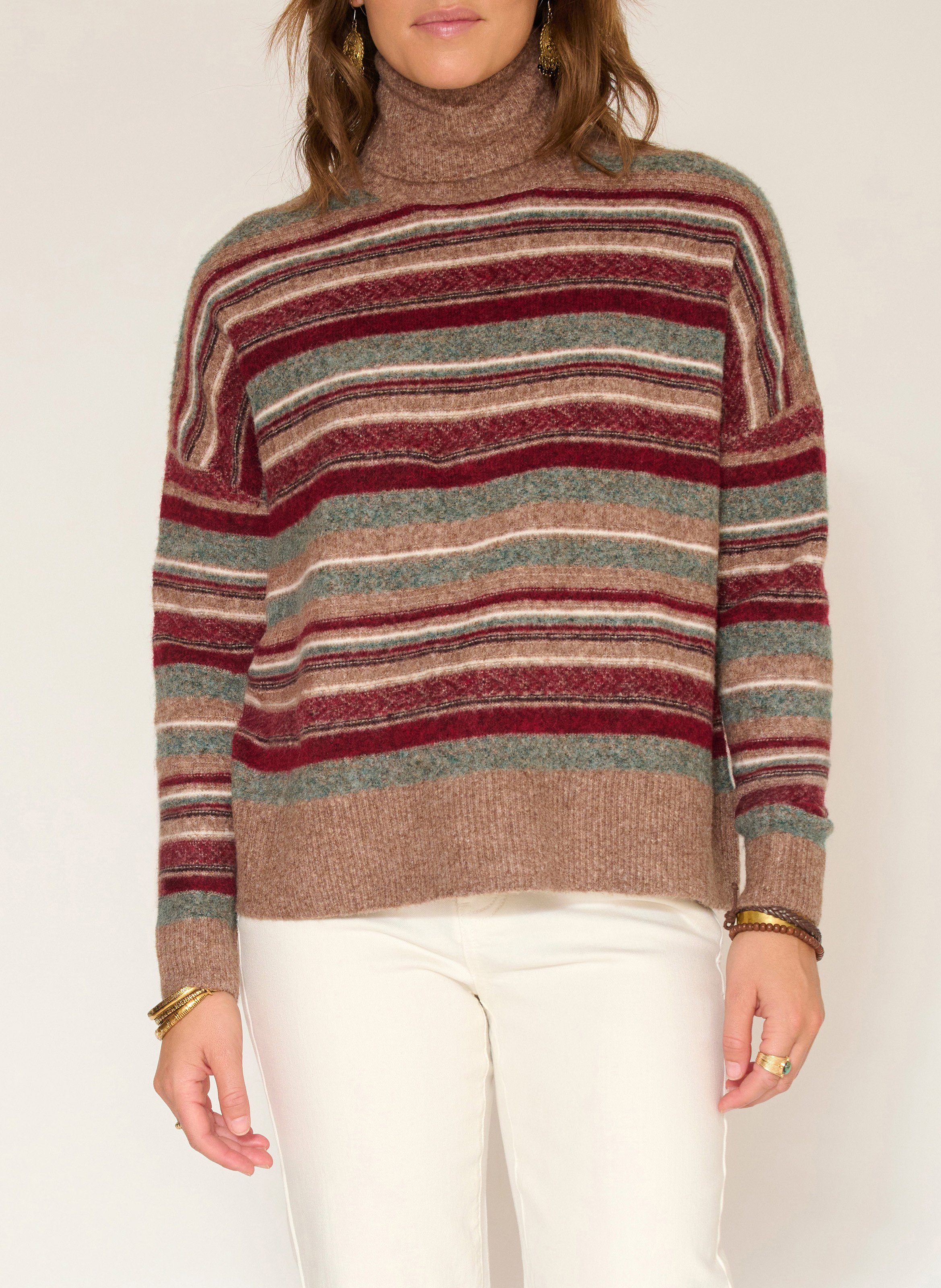 Col roulé ample rayé en laine mélangée MKT Kaki