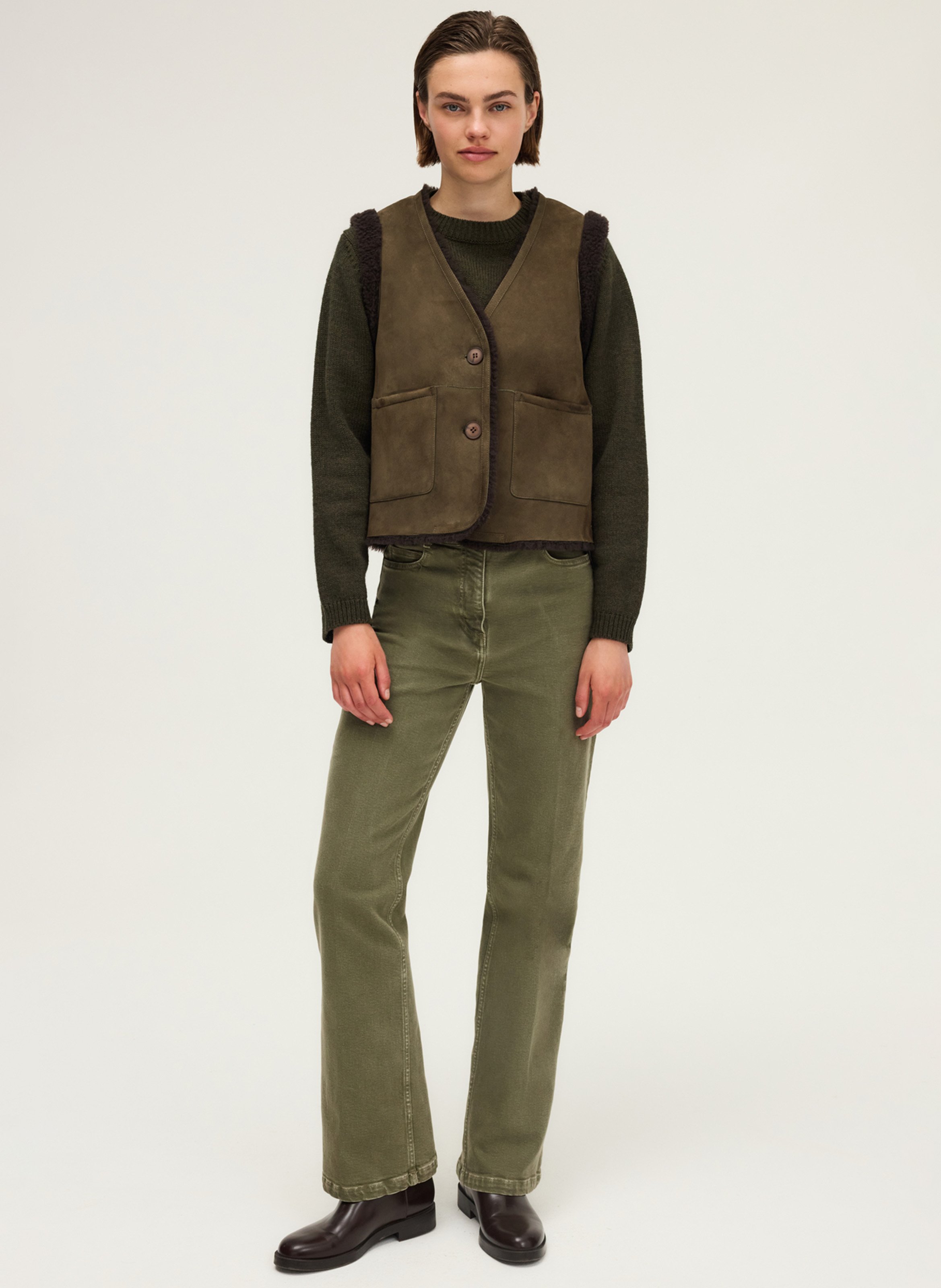 Reversible leather v-neck jacket PABLO Khaki