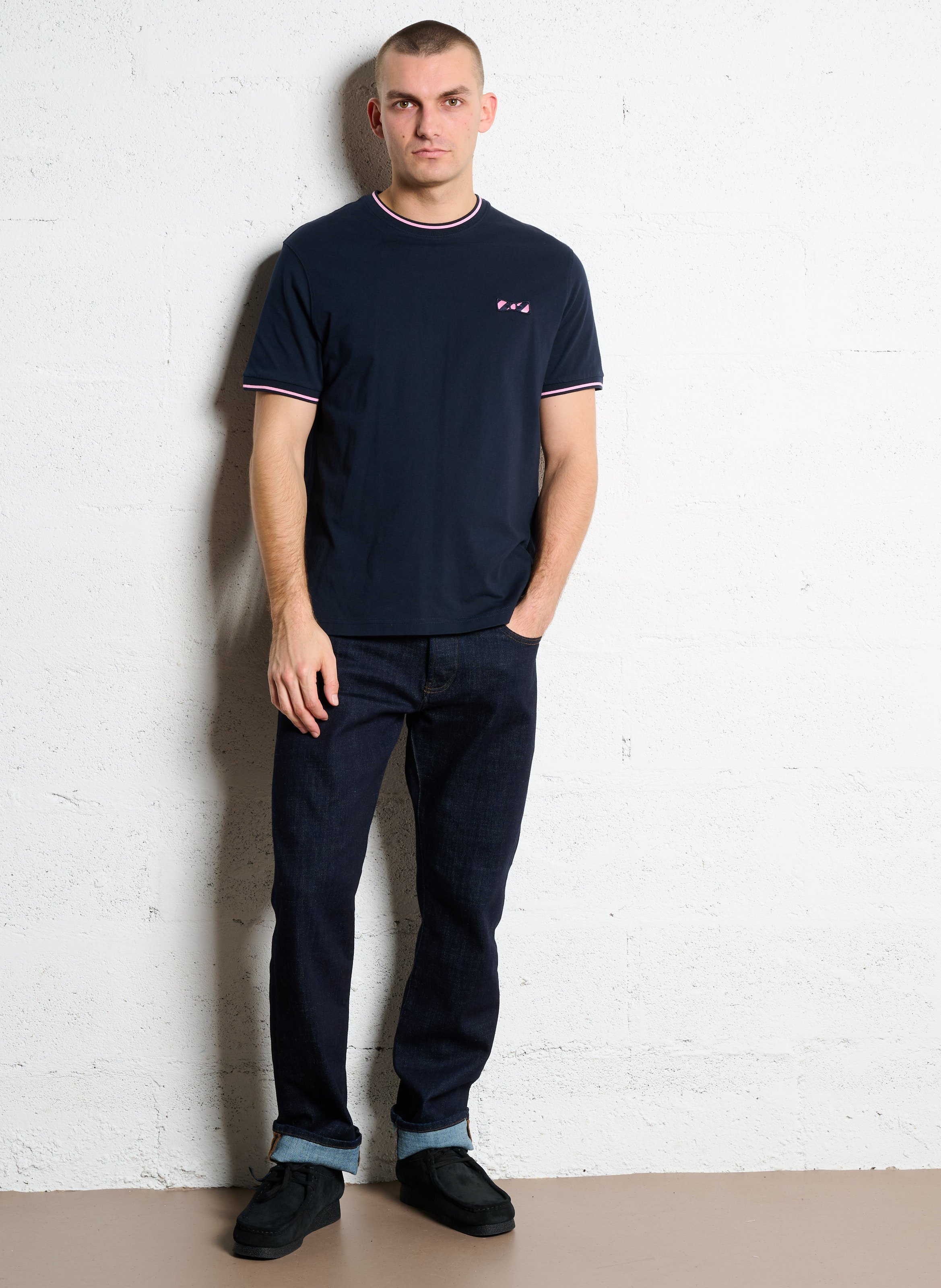 Tee-shirt droit col rond brodé en coton  EDEN PARK Bleu