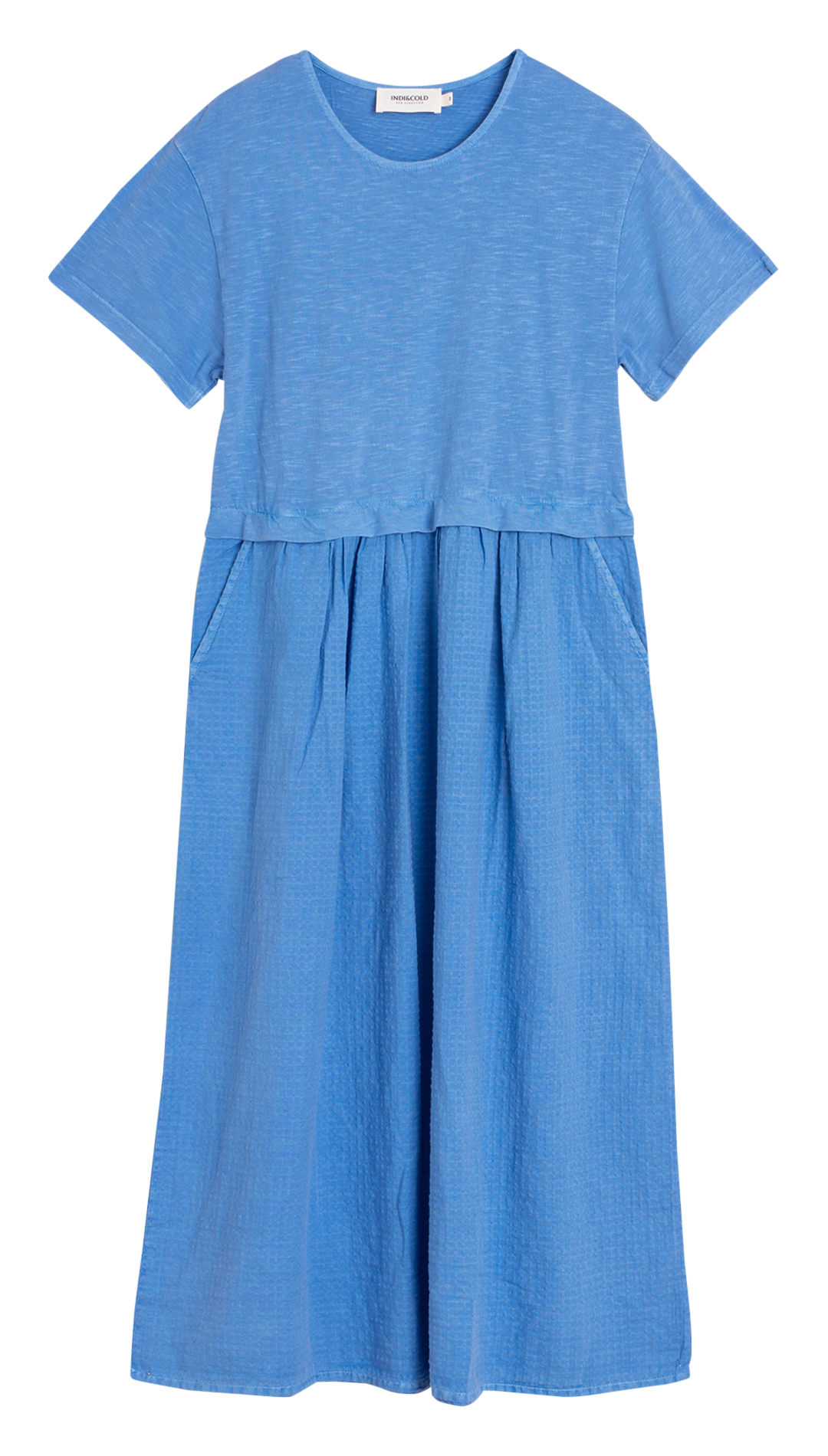 Midi uitlopende jurk met ronde hals van katoen INDI & COLD Blauw