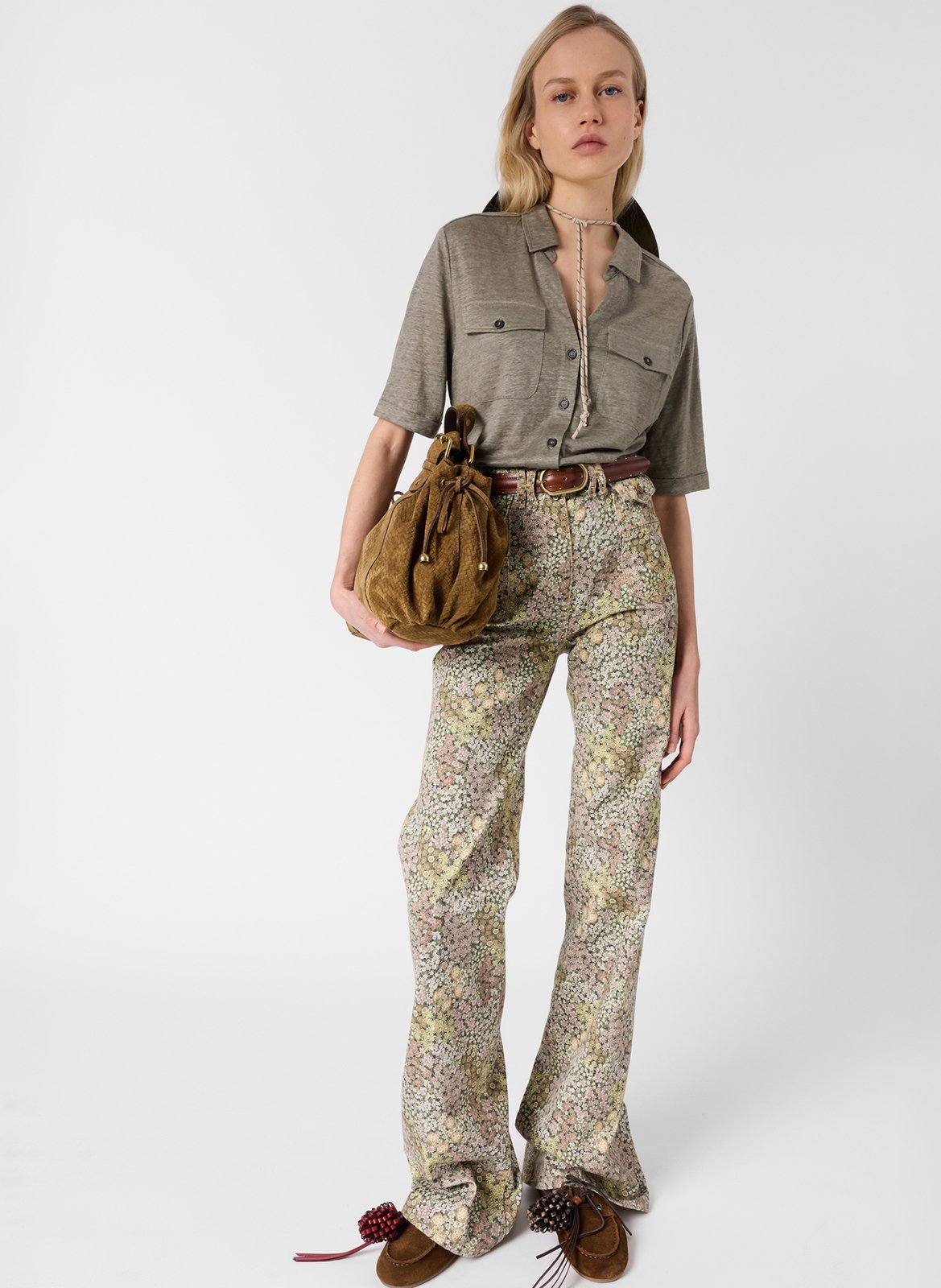 Gerade geschnittene Leinenbluse mit V-Dekolleté und Taschen GERARD DAREL Khaki