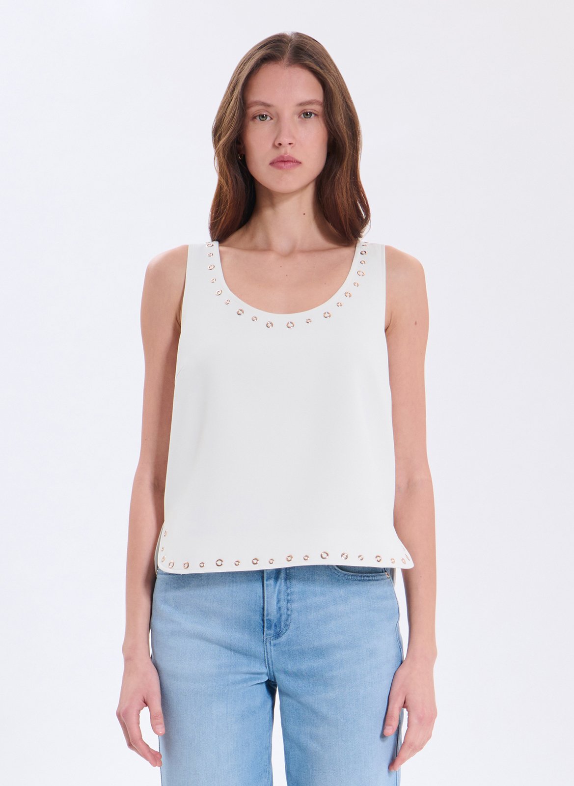 Gerade geschnittene, ärmellose Bluse aus Viskose-Mix ZAPA Weiss