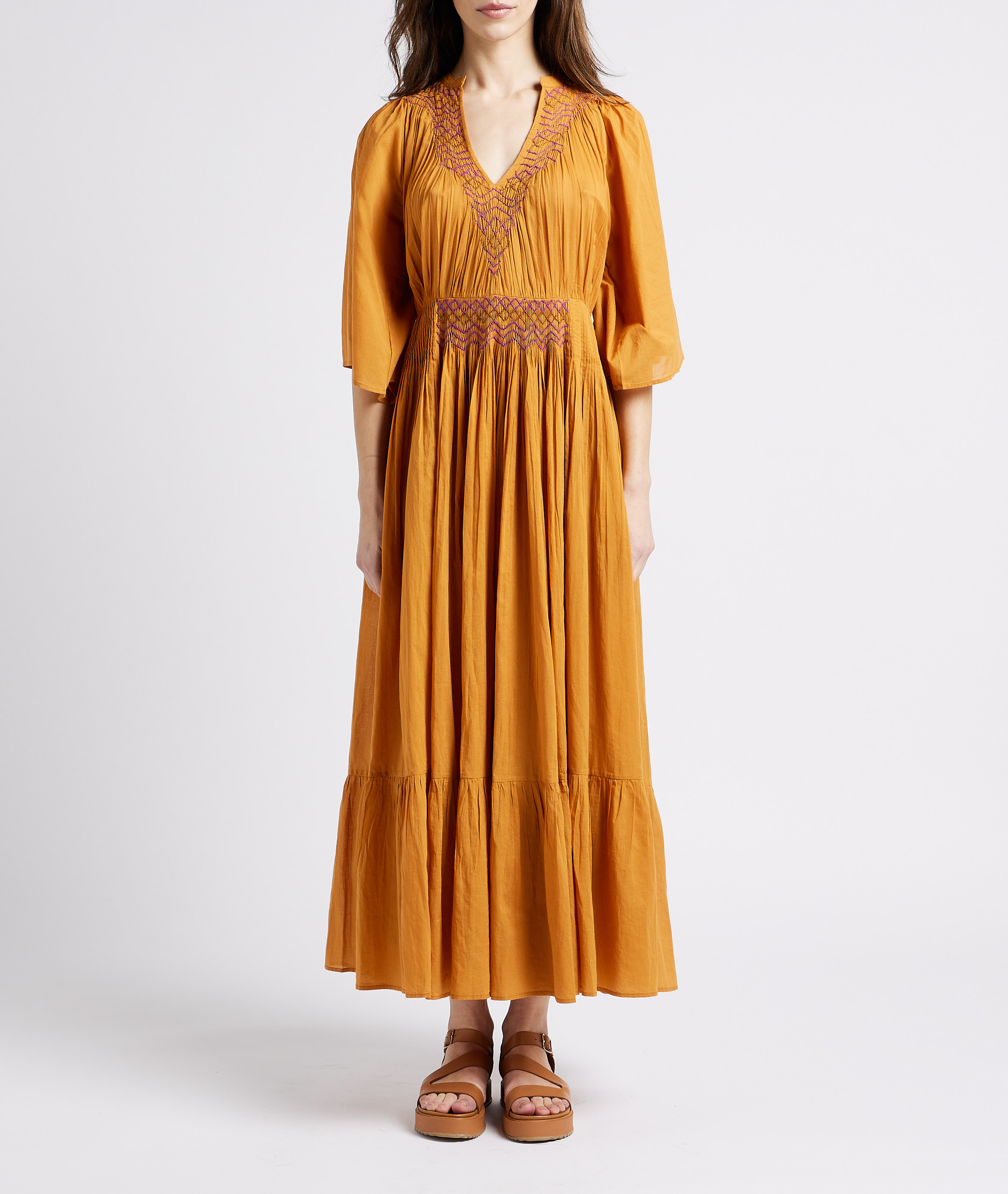 Robe longue ample col V en coton ANTIK BATIK Marron