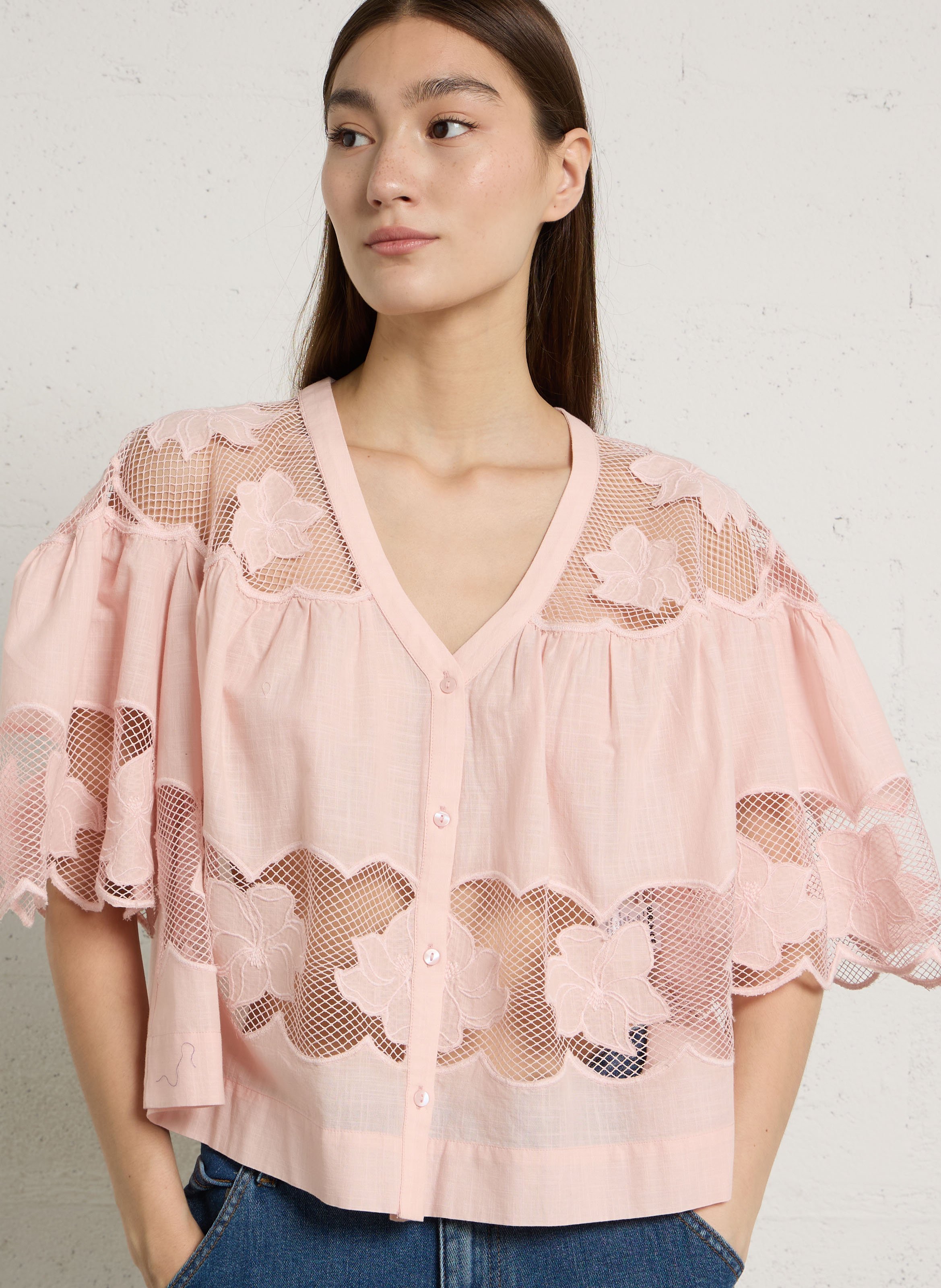 Oversized V-neck cotton blouse BERENICE Pink