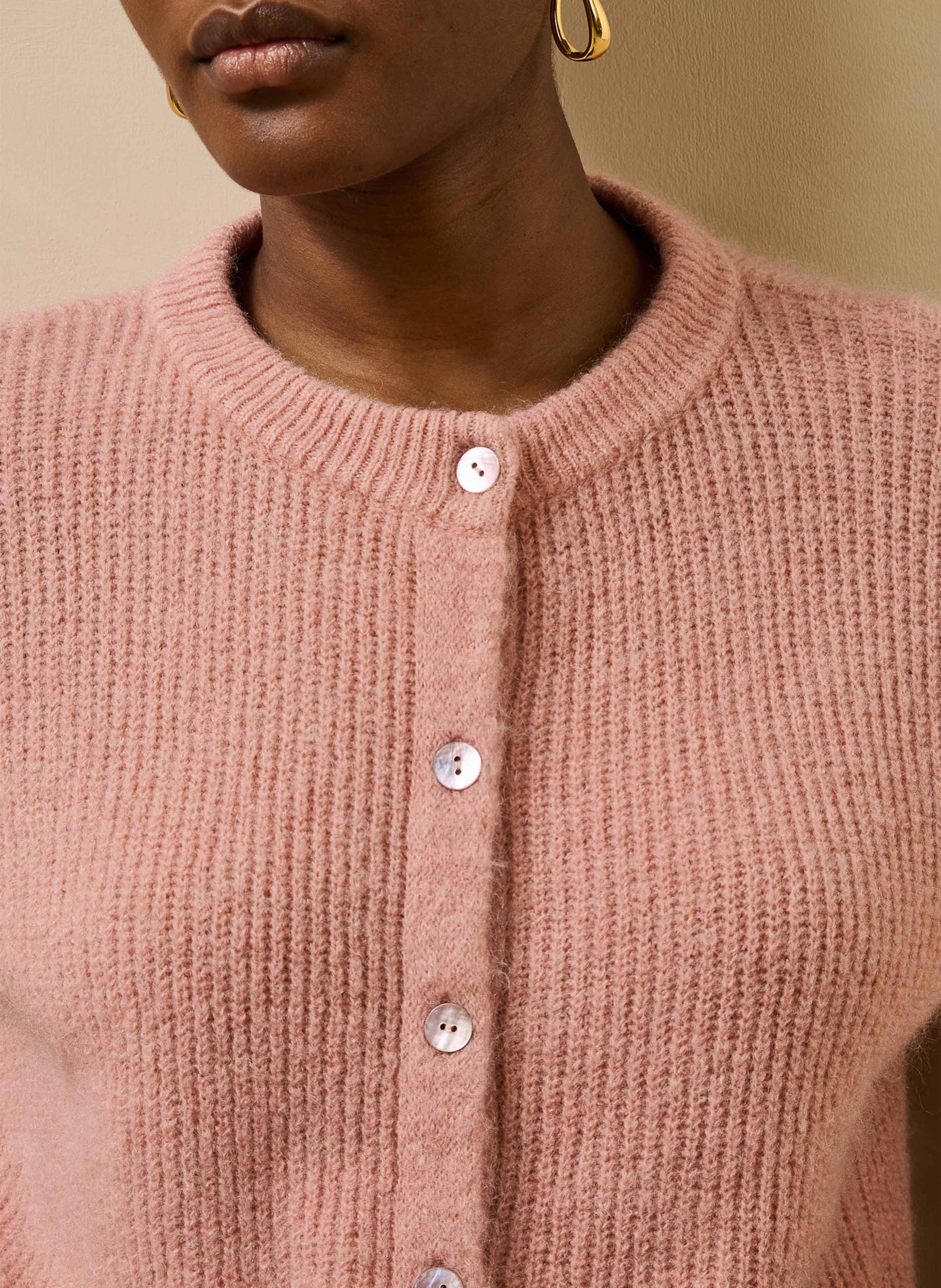 Loose-fit mixed-knit cardigan with round neck LA FEE MARABOUTEE Pink