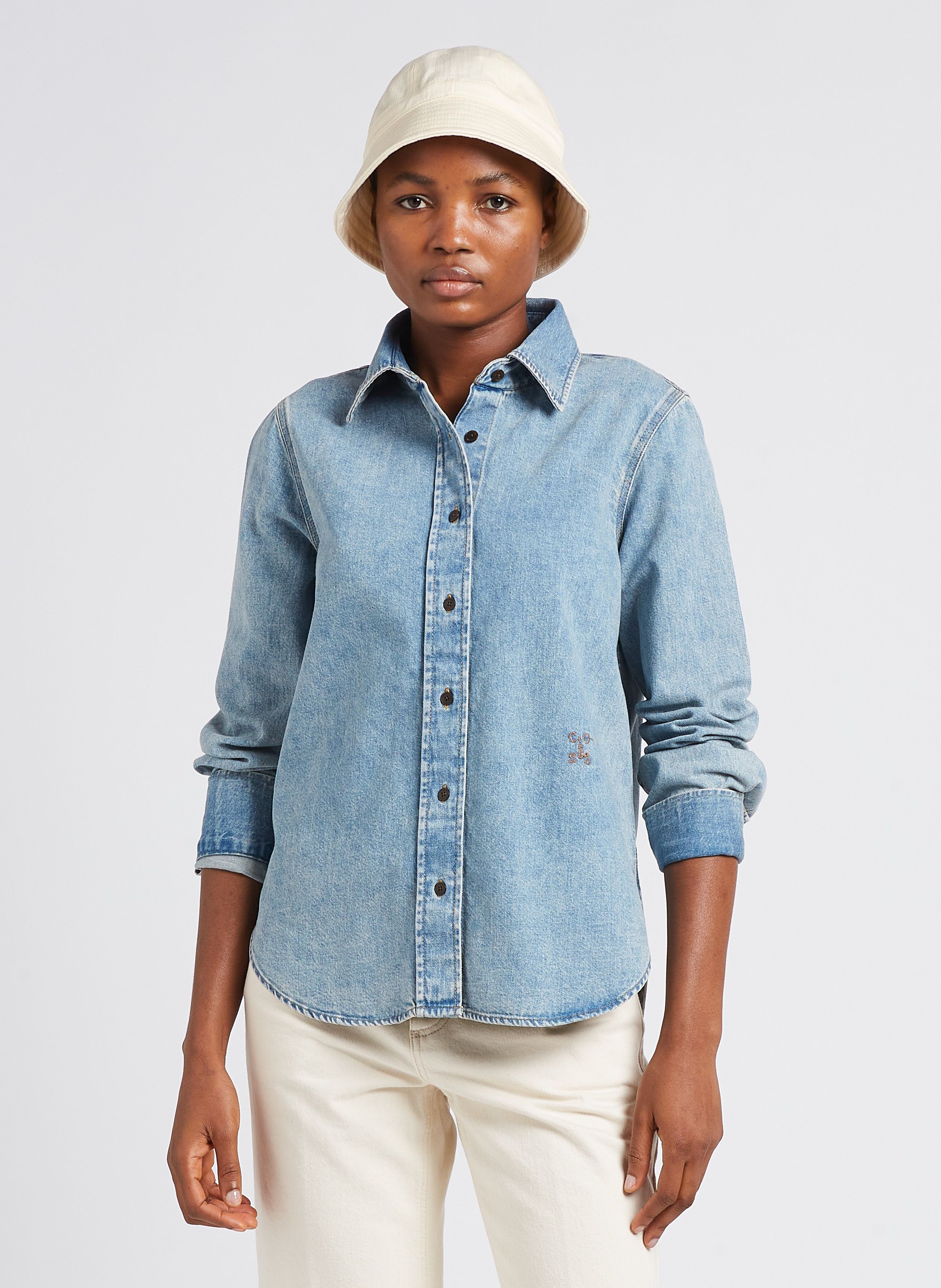 Straight cut Denim Shirt With Classic Collar Mid Blue Closed