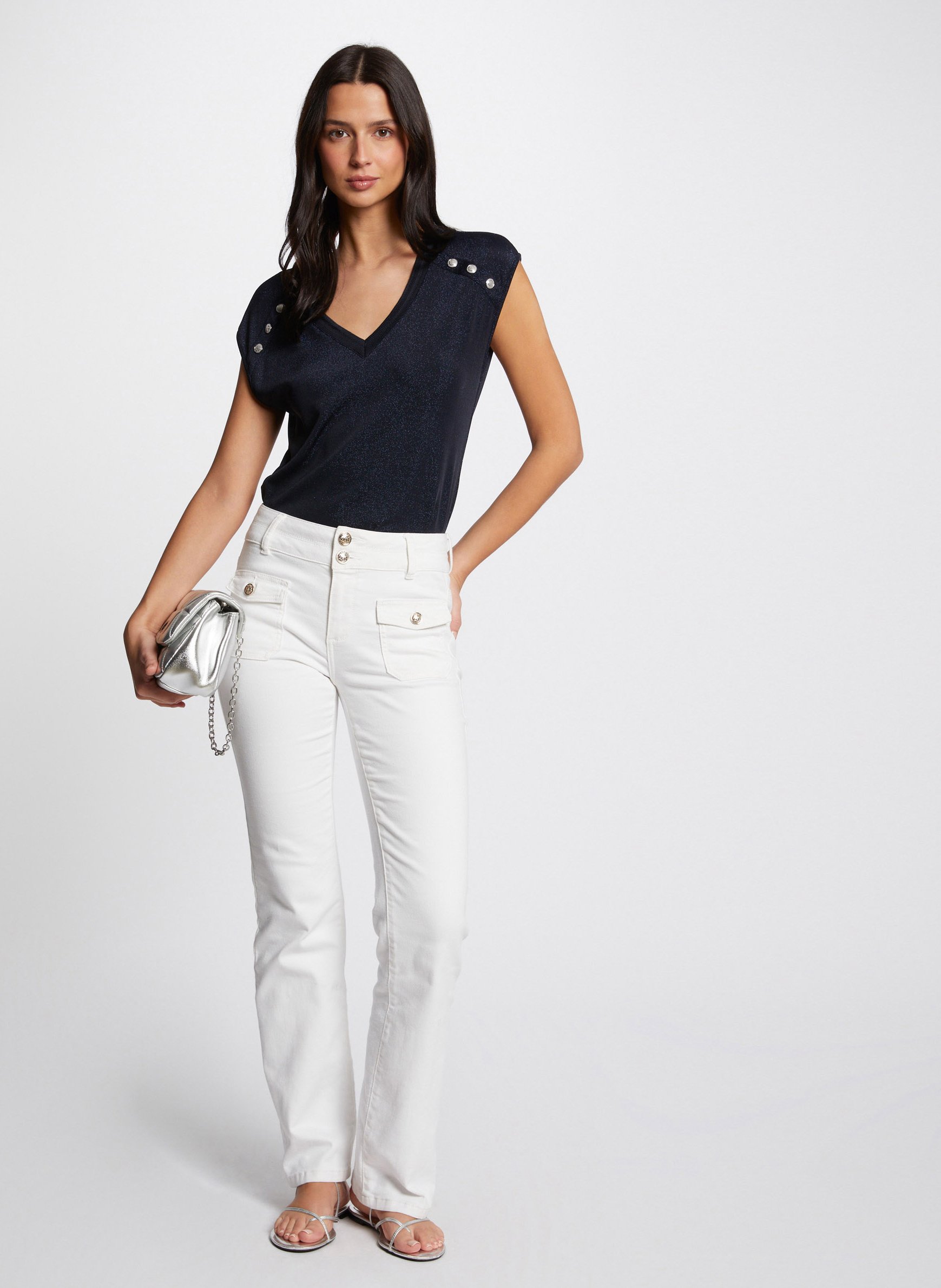 Tee-shirt col V métallisé MORGAN Bleu