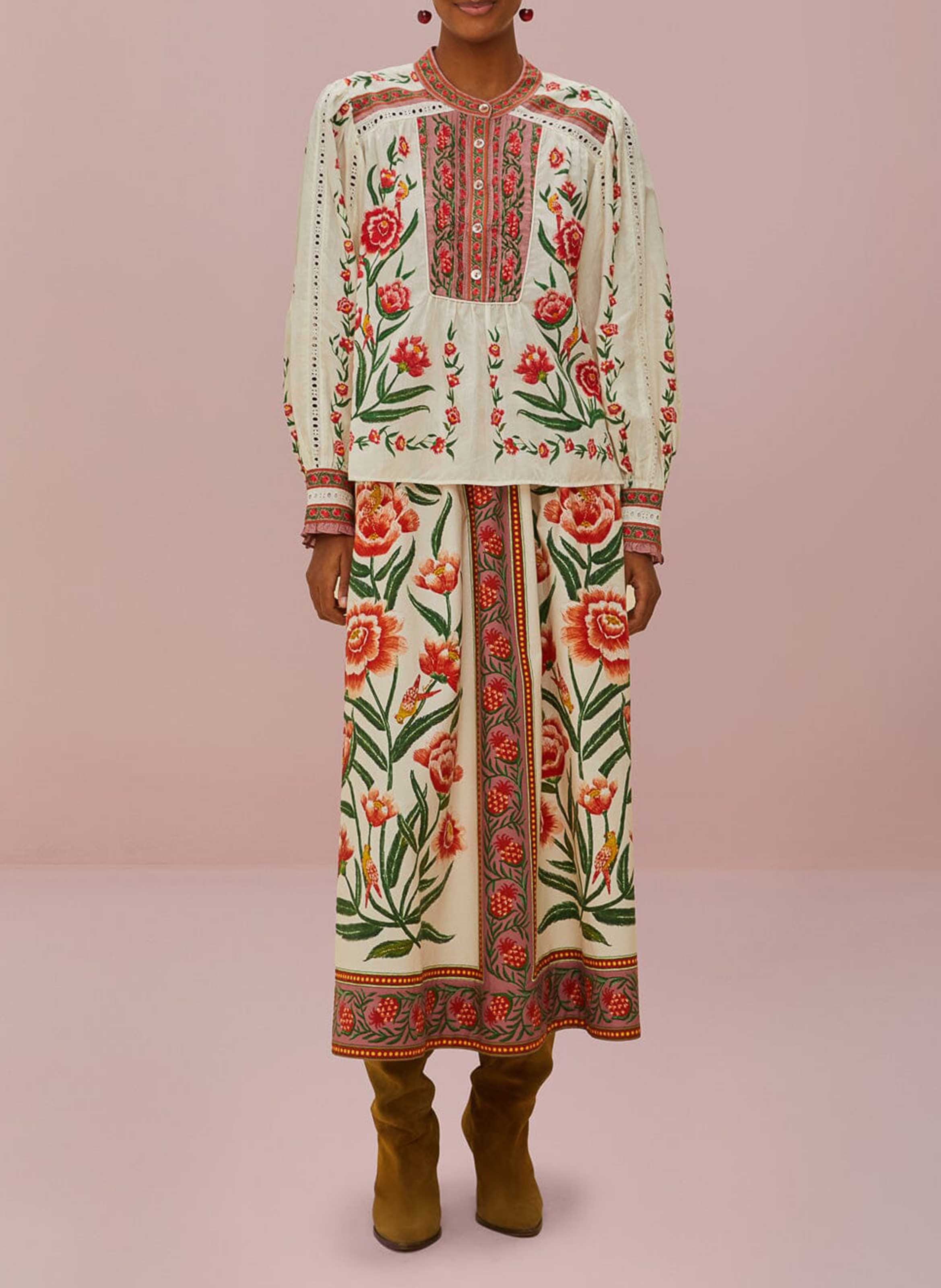 Round-neck cotton-blend blouse FARM RIO Beige