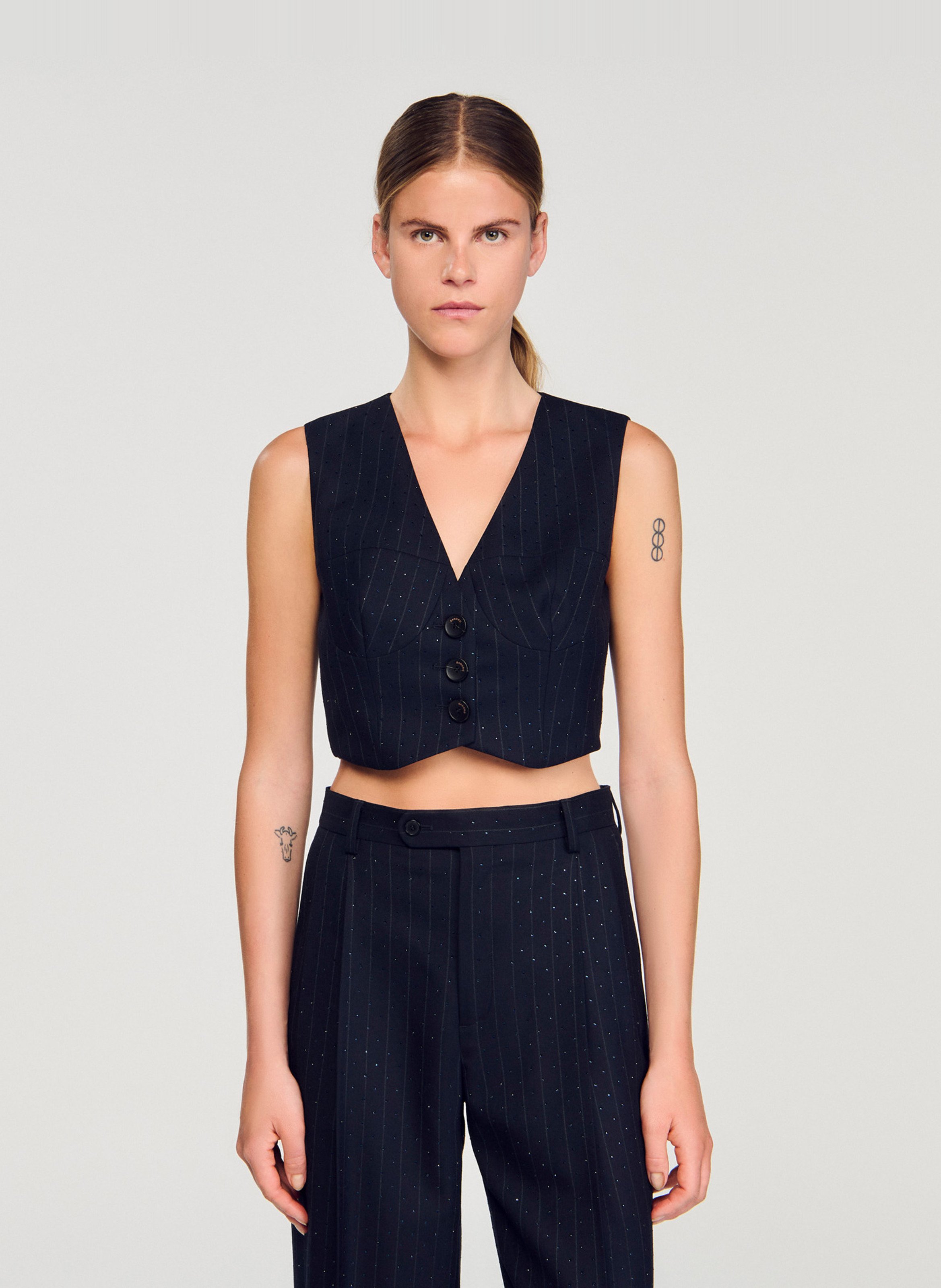 Striped wool blend V-neck top SANDRO Blue