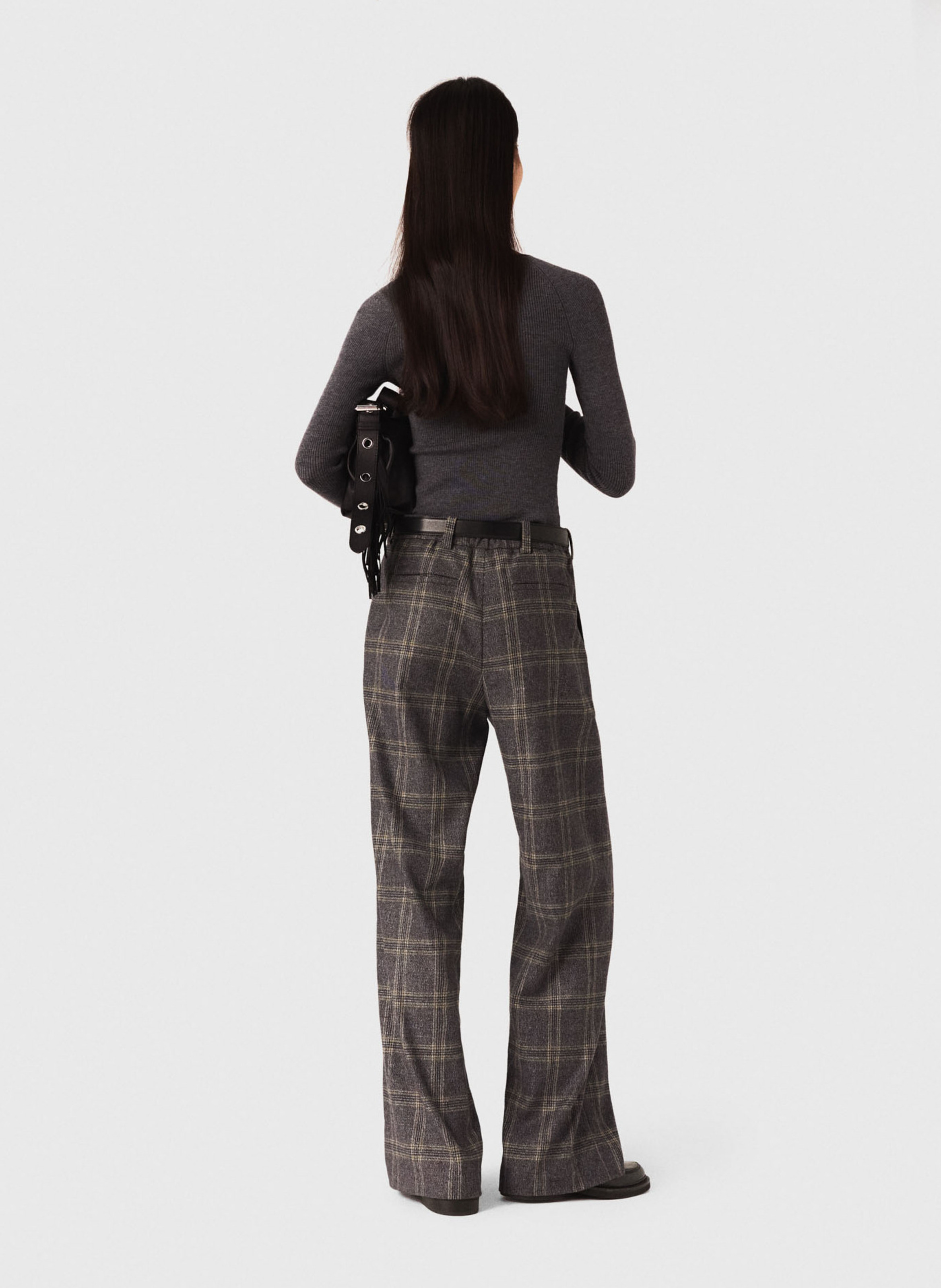 Pantalon large taille haute à carreaux MAJE Gris