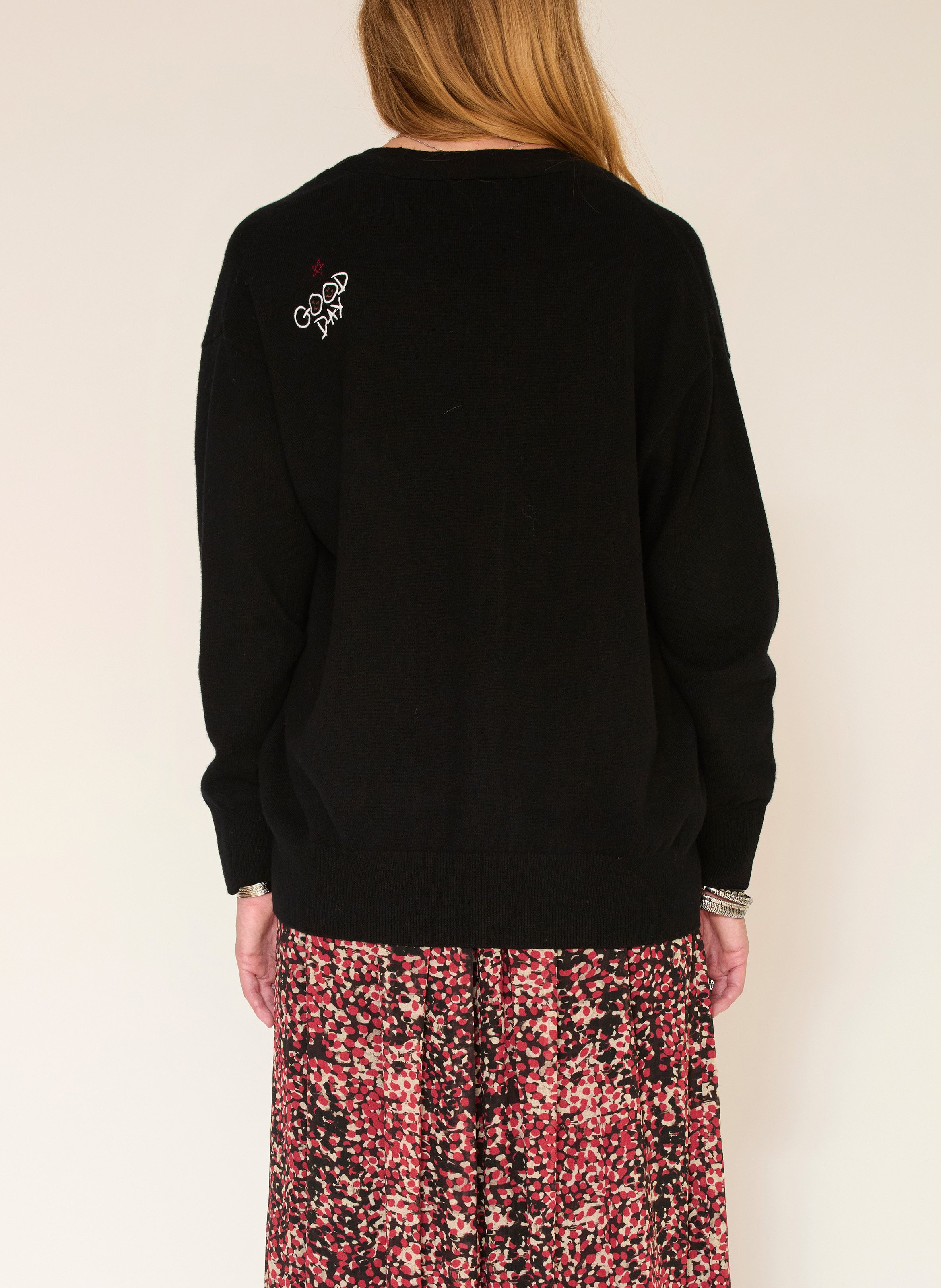 Gilet ample col V brodé en laine mérinos MKT Noir