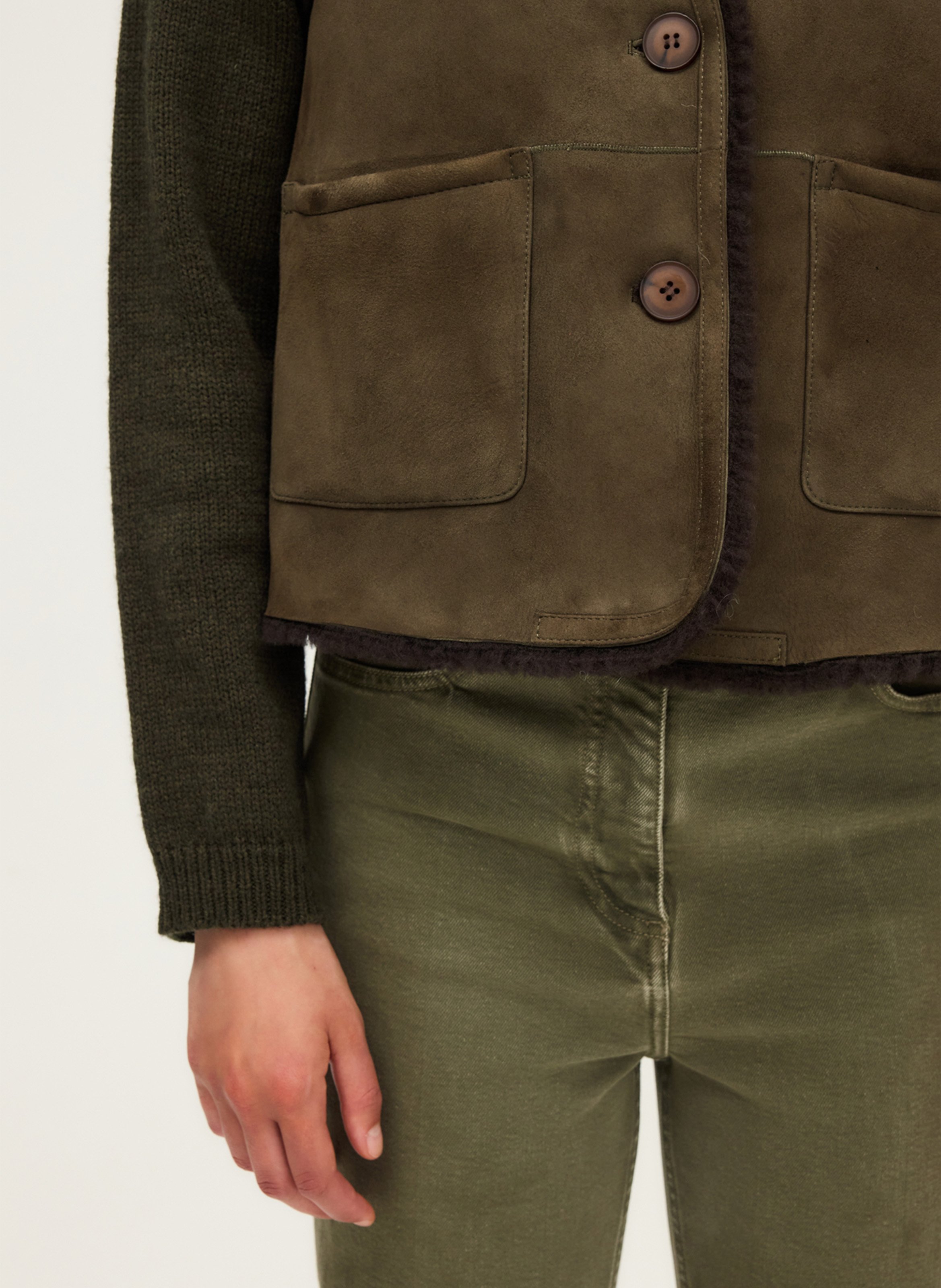 Reversible leather v-neck jacket PABLO Khaki
