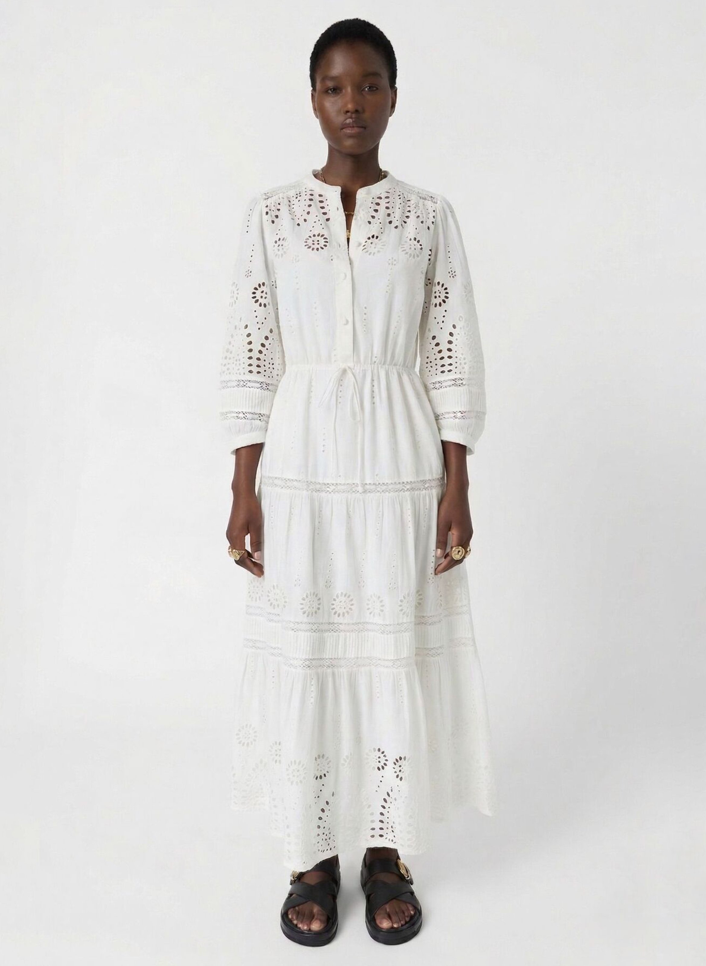 Robe longue col rond en coton brodé GERARD DAREL Beige