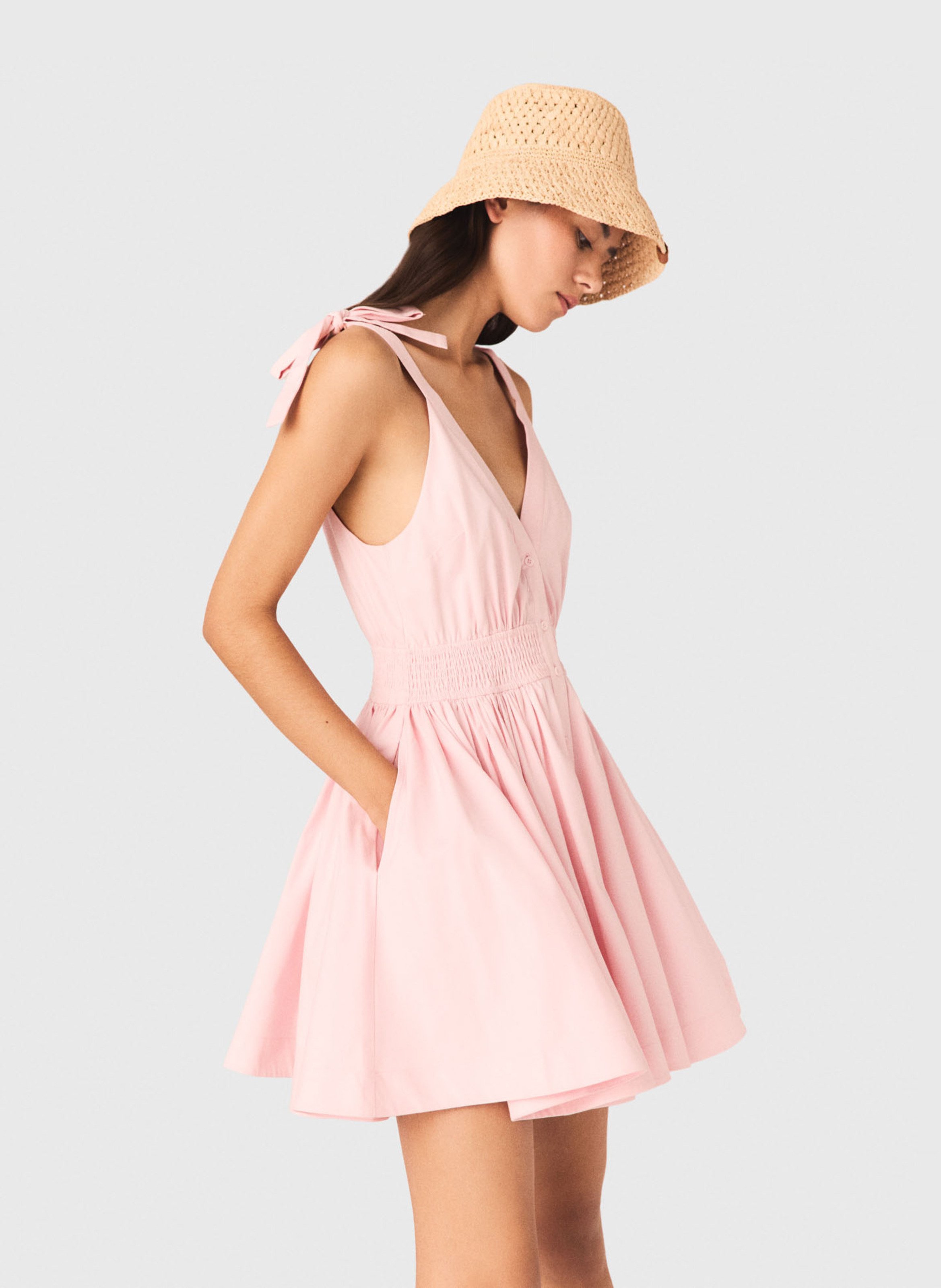 Korte geplooide jurk met spaghettibandjes MAJE Roze