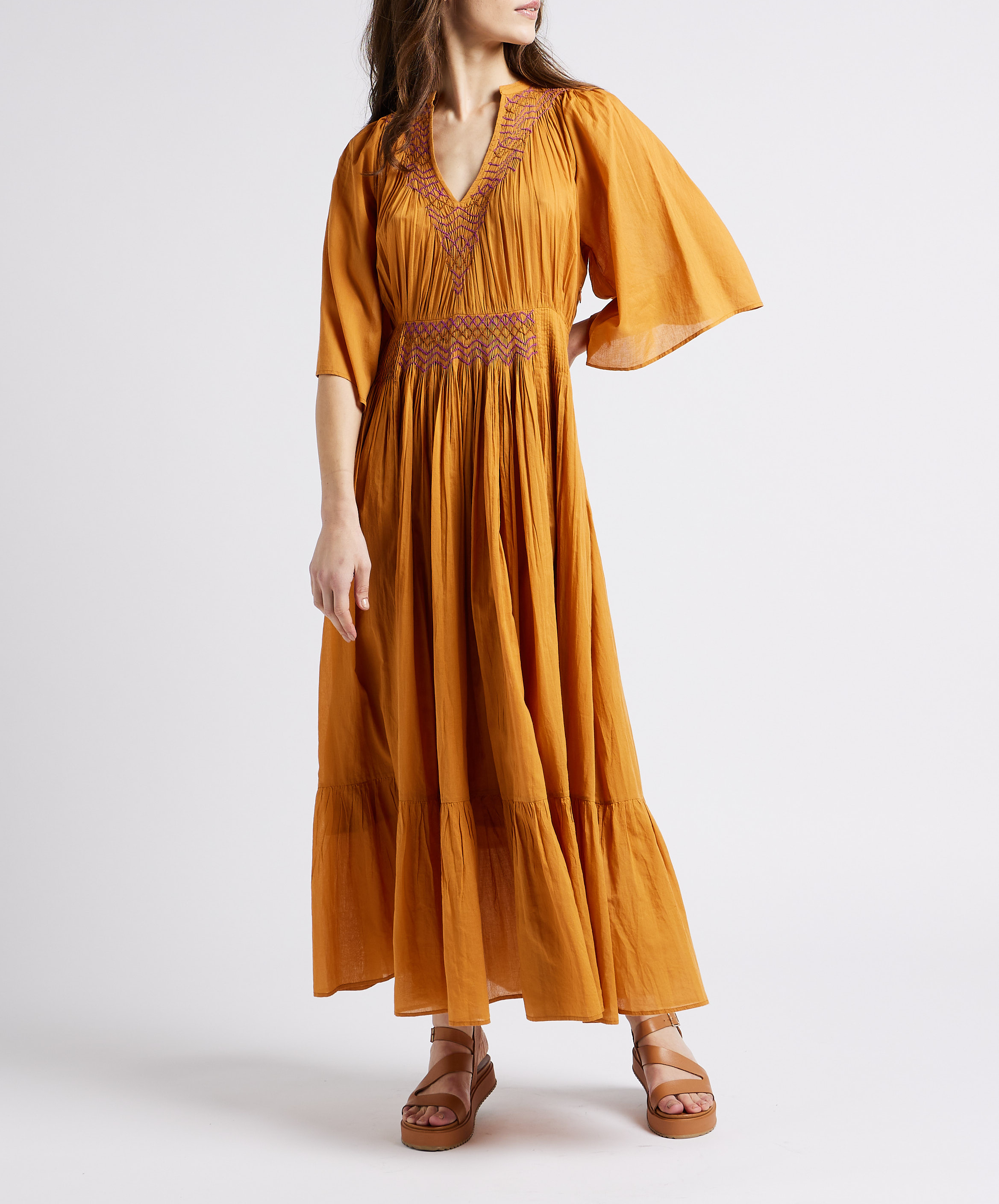 Robe longue ample col V en coton ANTIK BATIK Marron