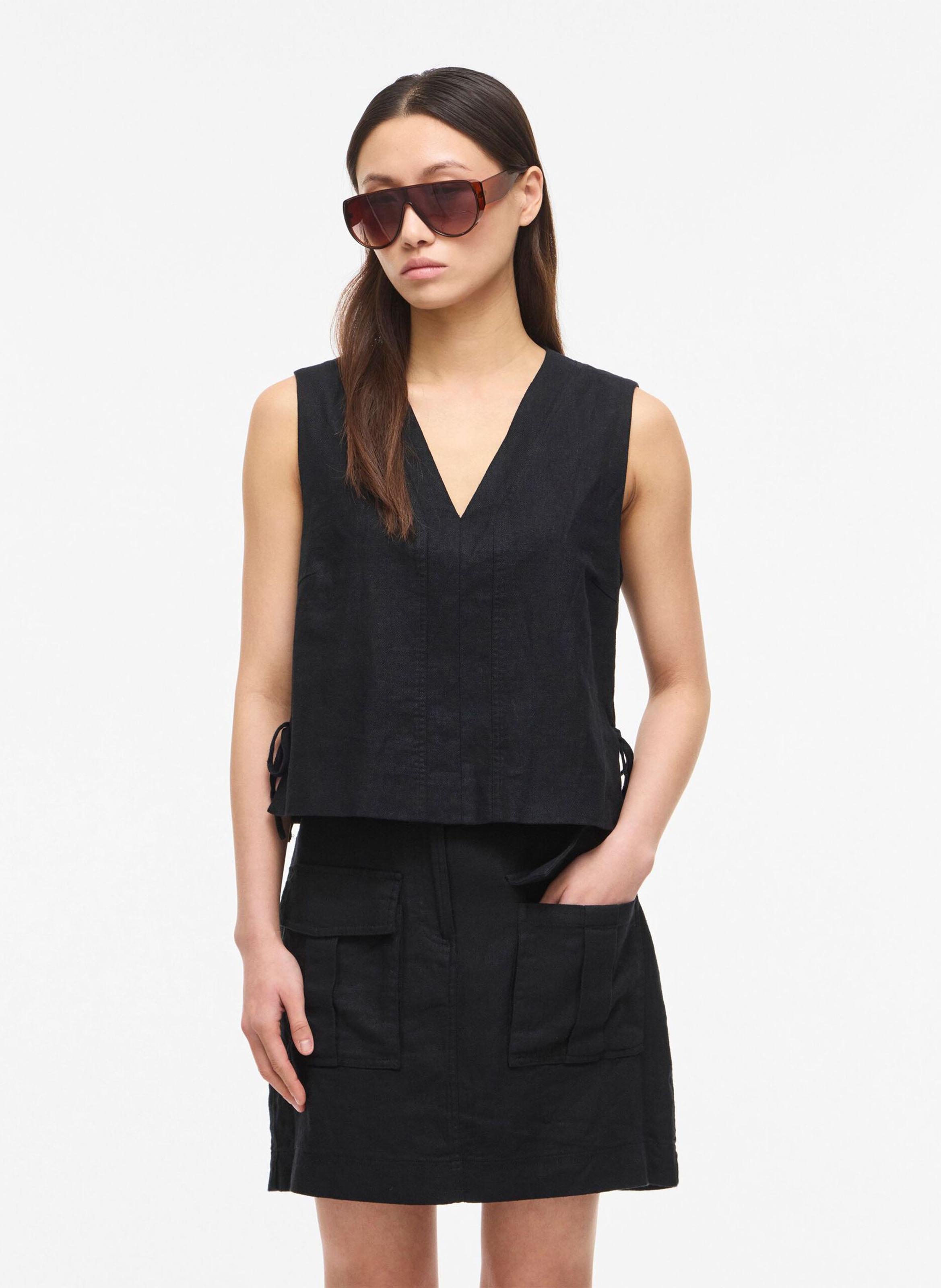 Straight V-neck Linen Blend Top ROUGE EDIT Grey