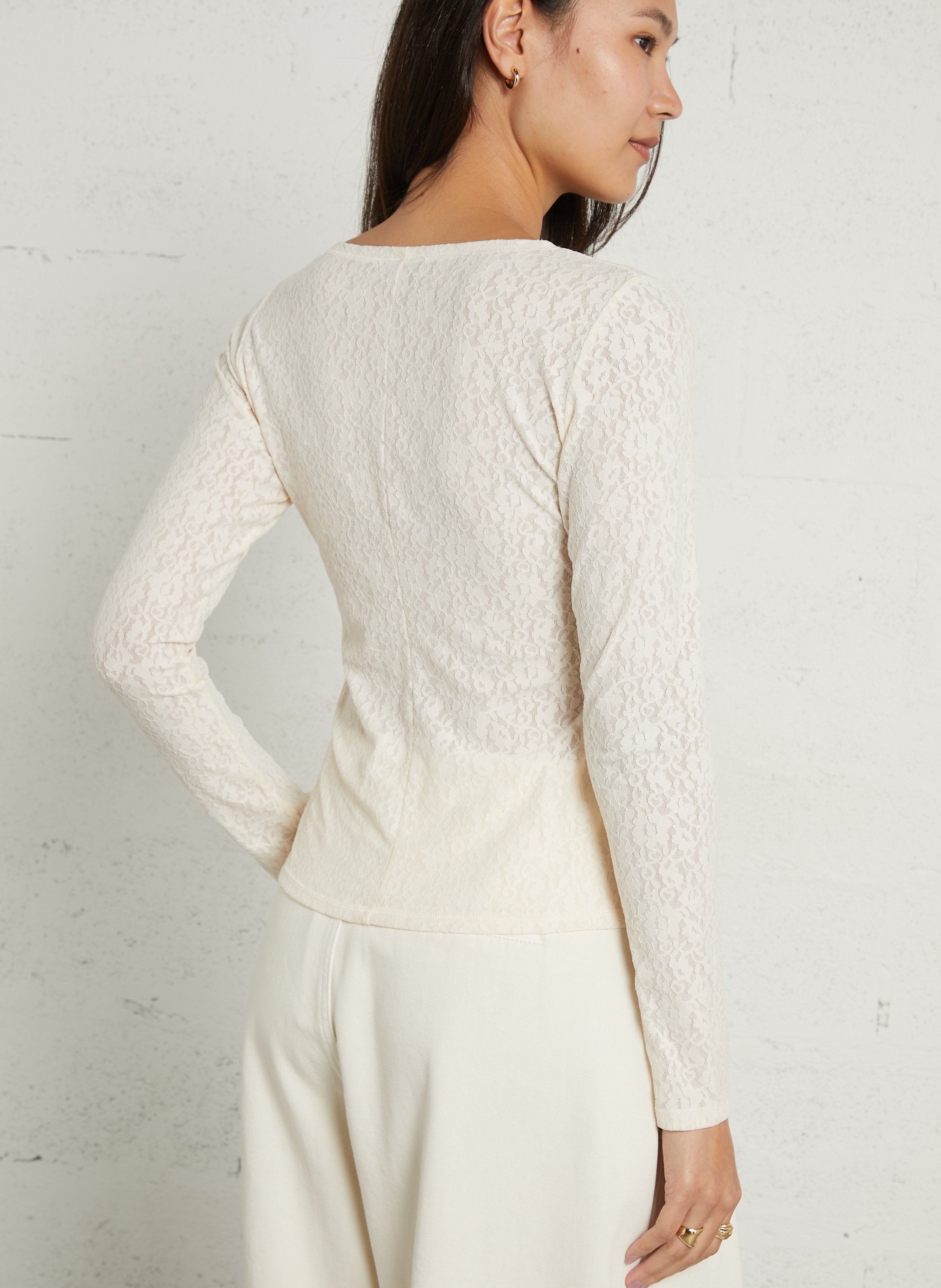 Round neck lace straight fit t-shirt | White SUNCOO Women