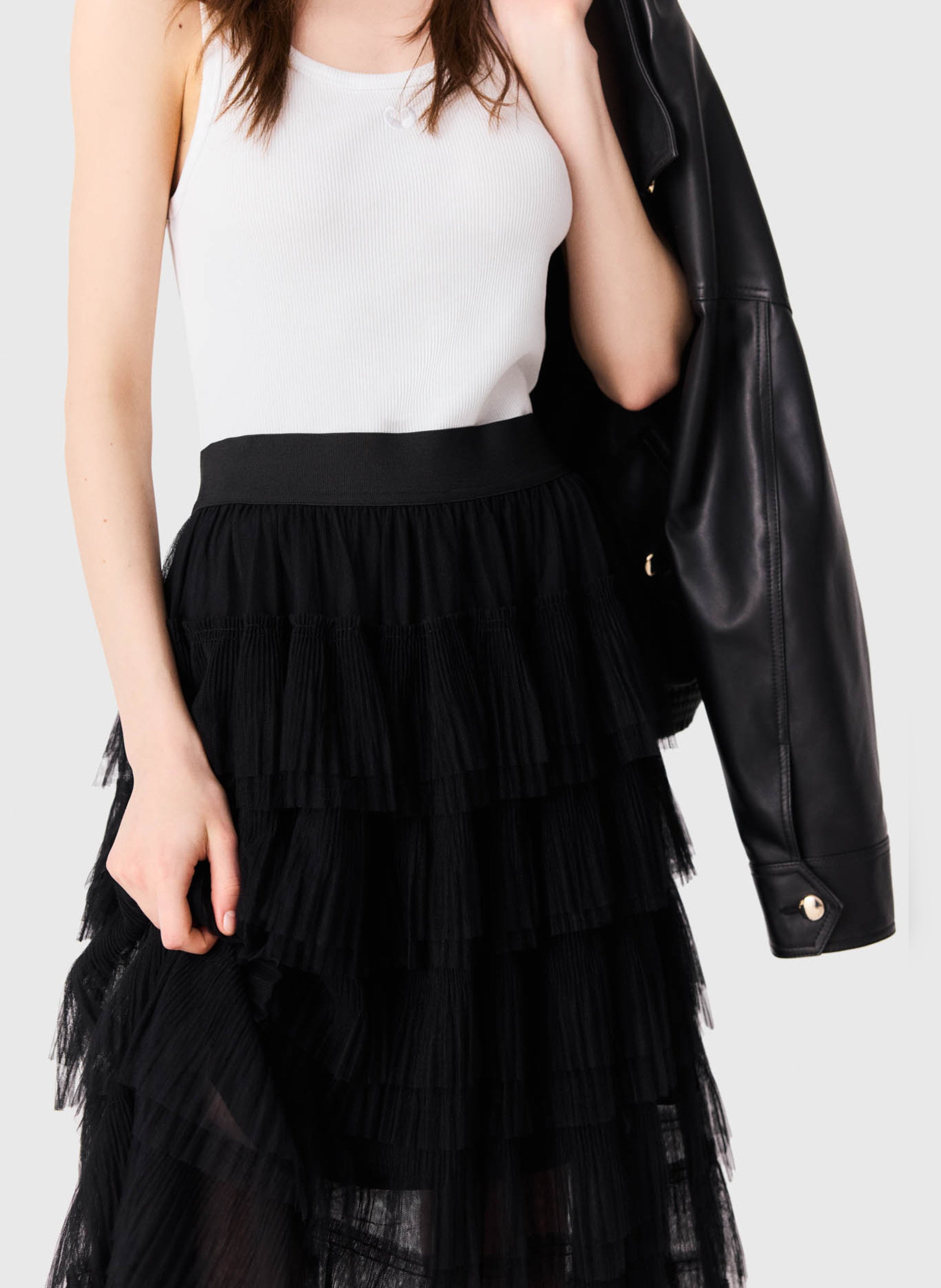 Jupe midi à volants en tulle MAJE Noir