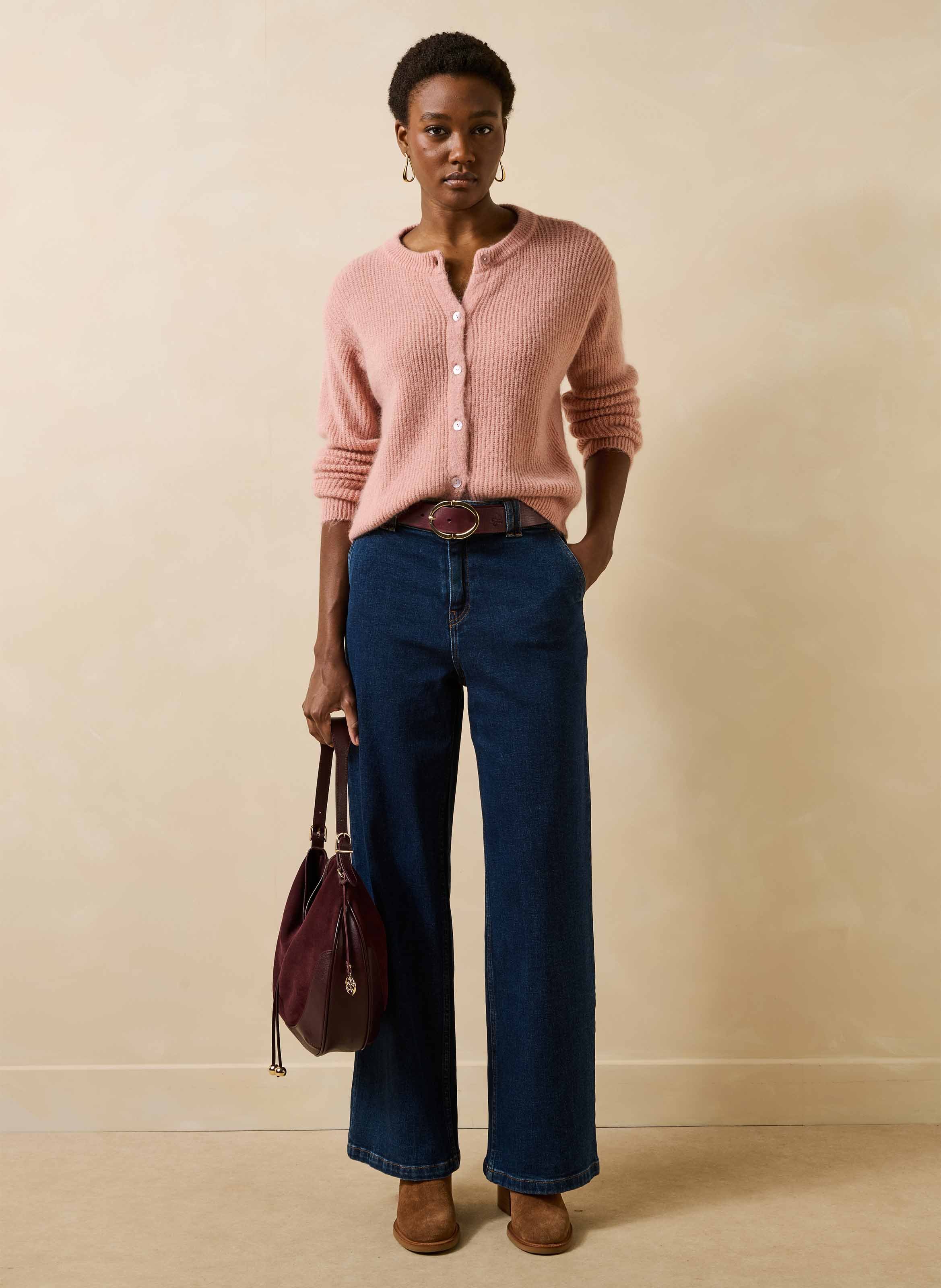 Loose-fit mixed-knit cardigan with round neck LA FEE MARABOUTEE Pink