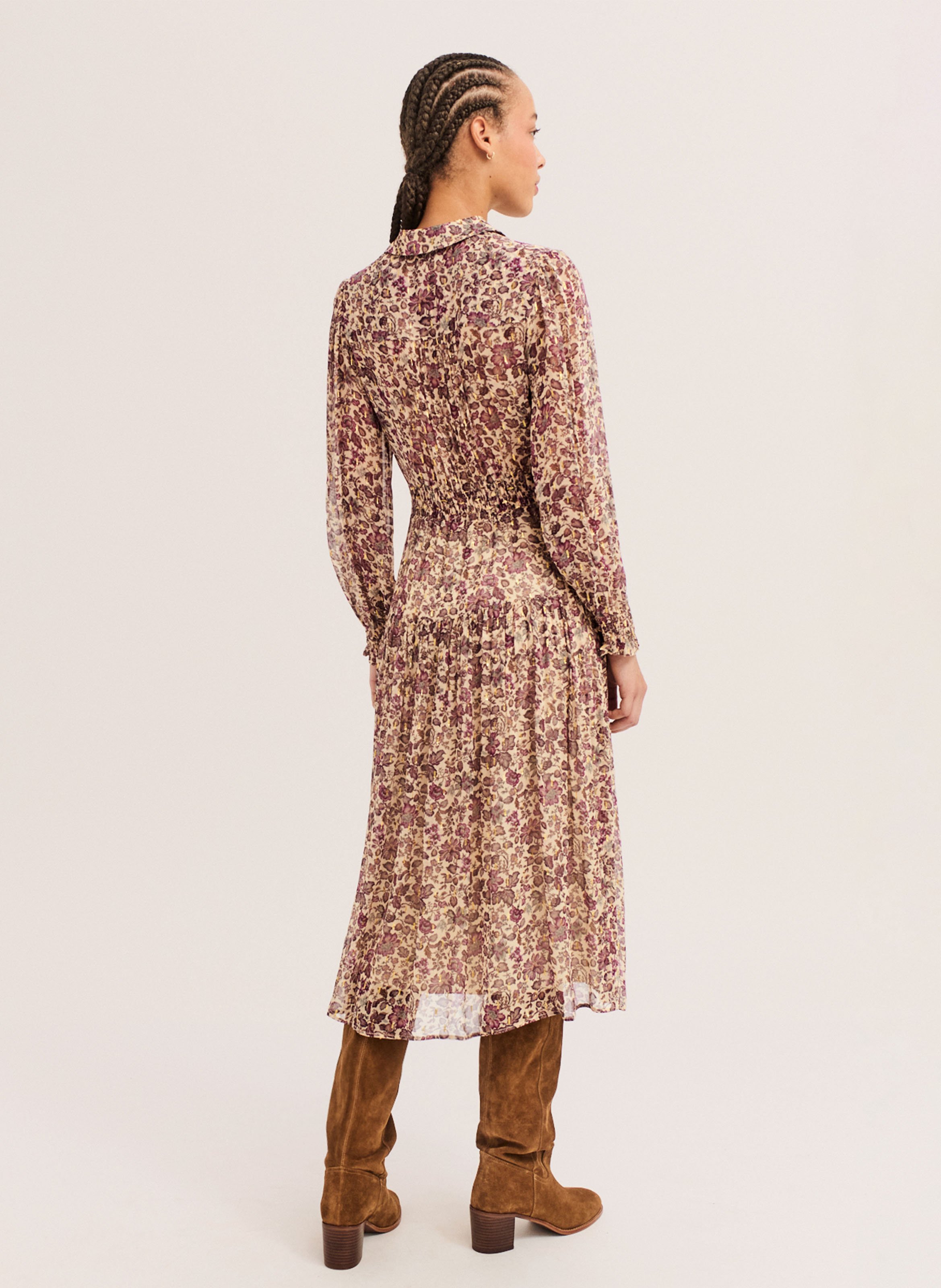 Langes Kleid mit klassischem Kragen und Print PABLO Beige