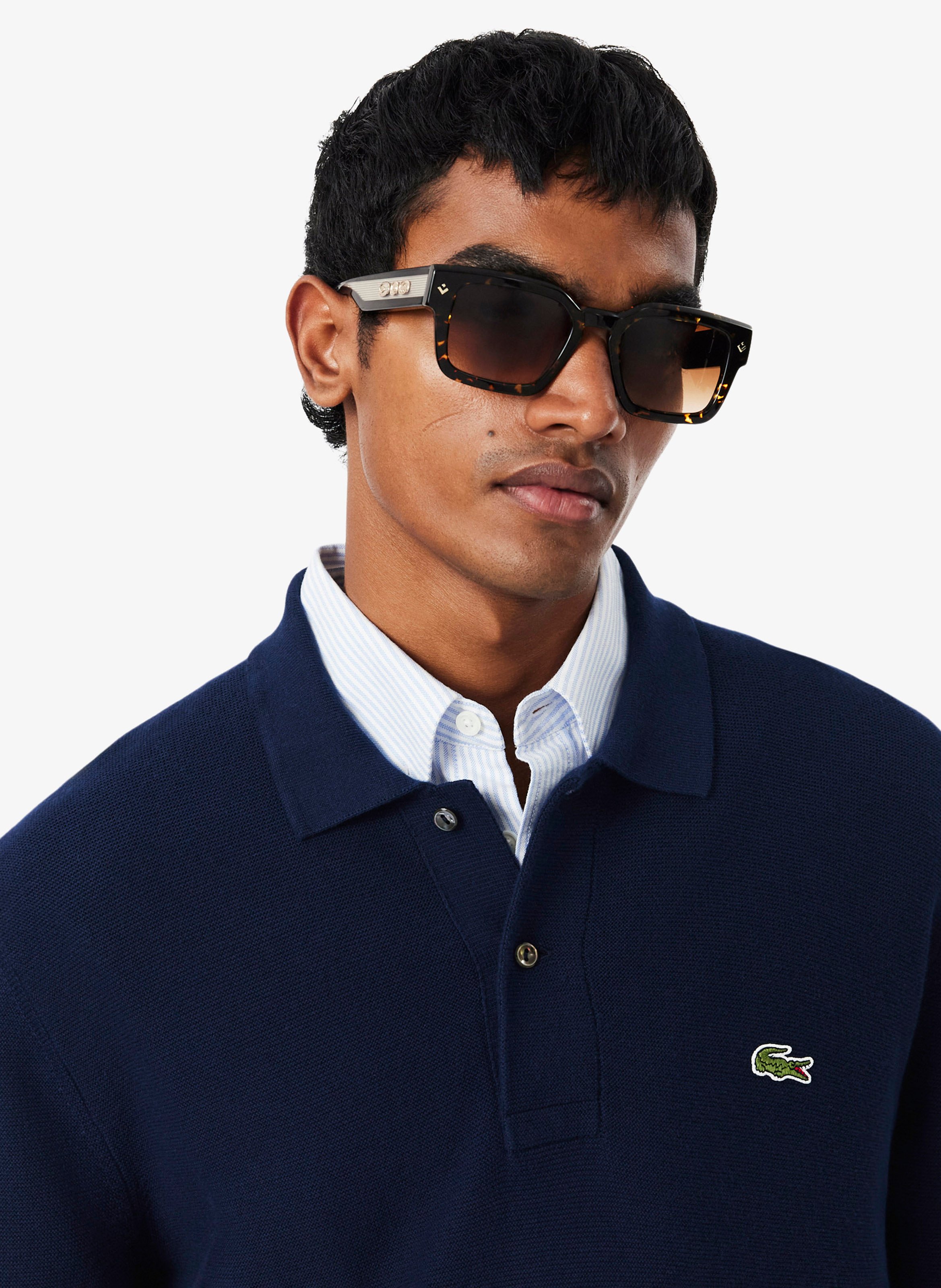 Straight fit long-sleeved cotton polo LACOSTE Blue