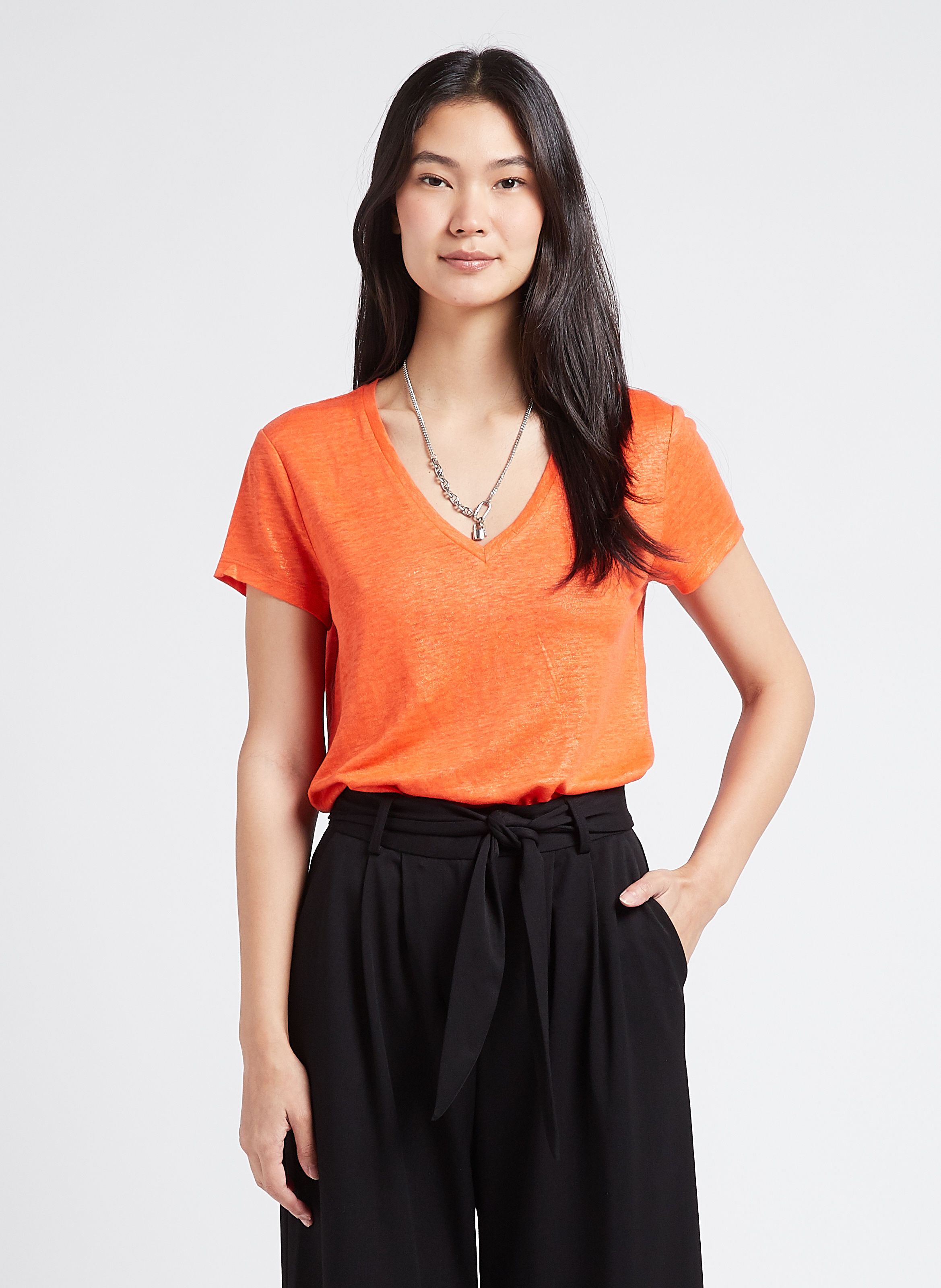 Tee shirt col v en lin Orange