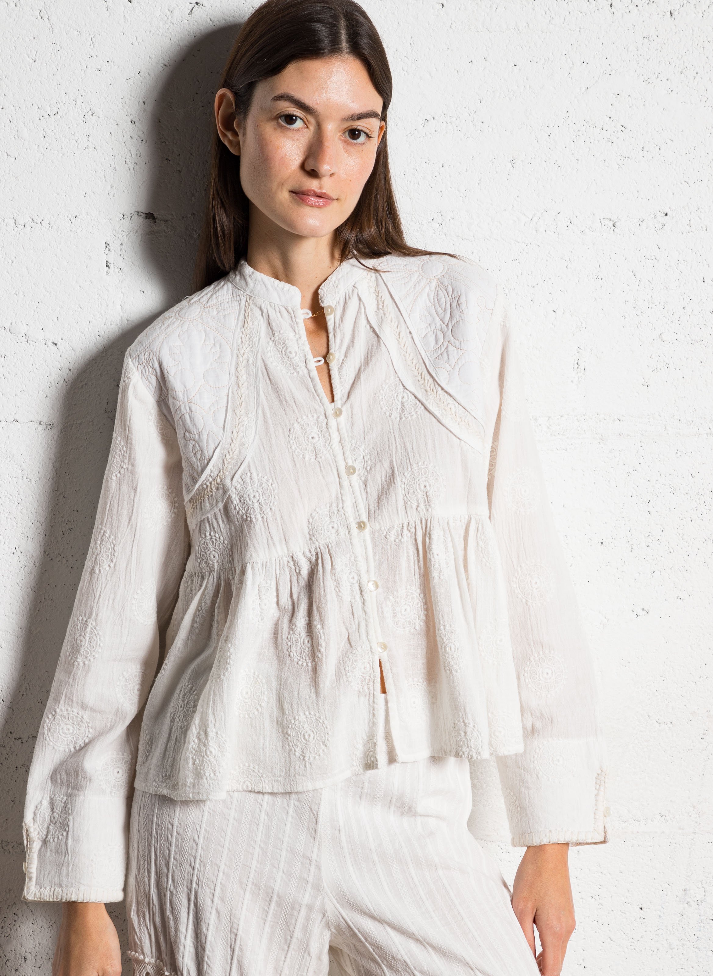 Ruffled and embroidered cotton blouse MAISON HOTEL Beige
