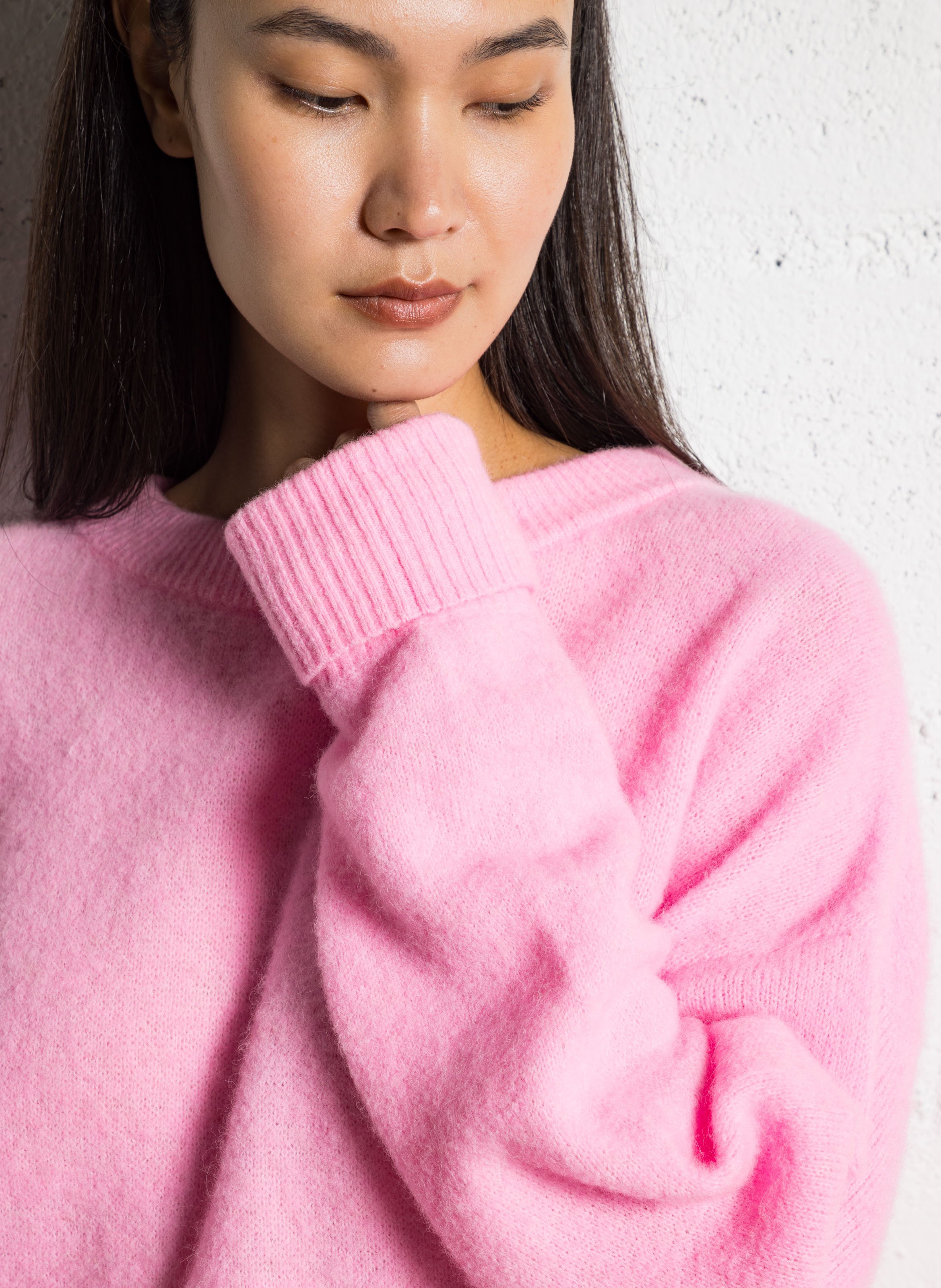 Pull ample col rond en laine mélangée Rose