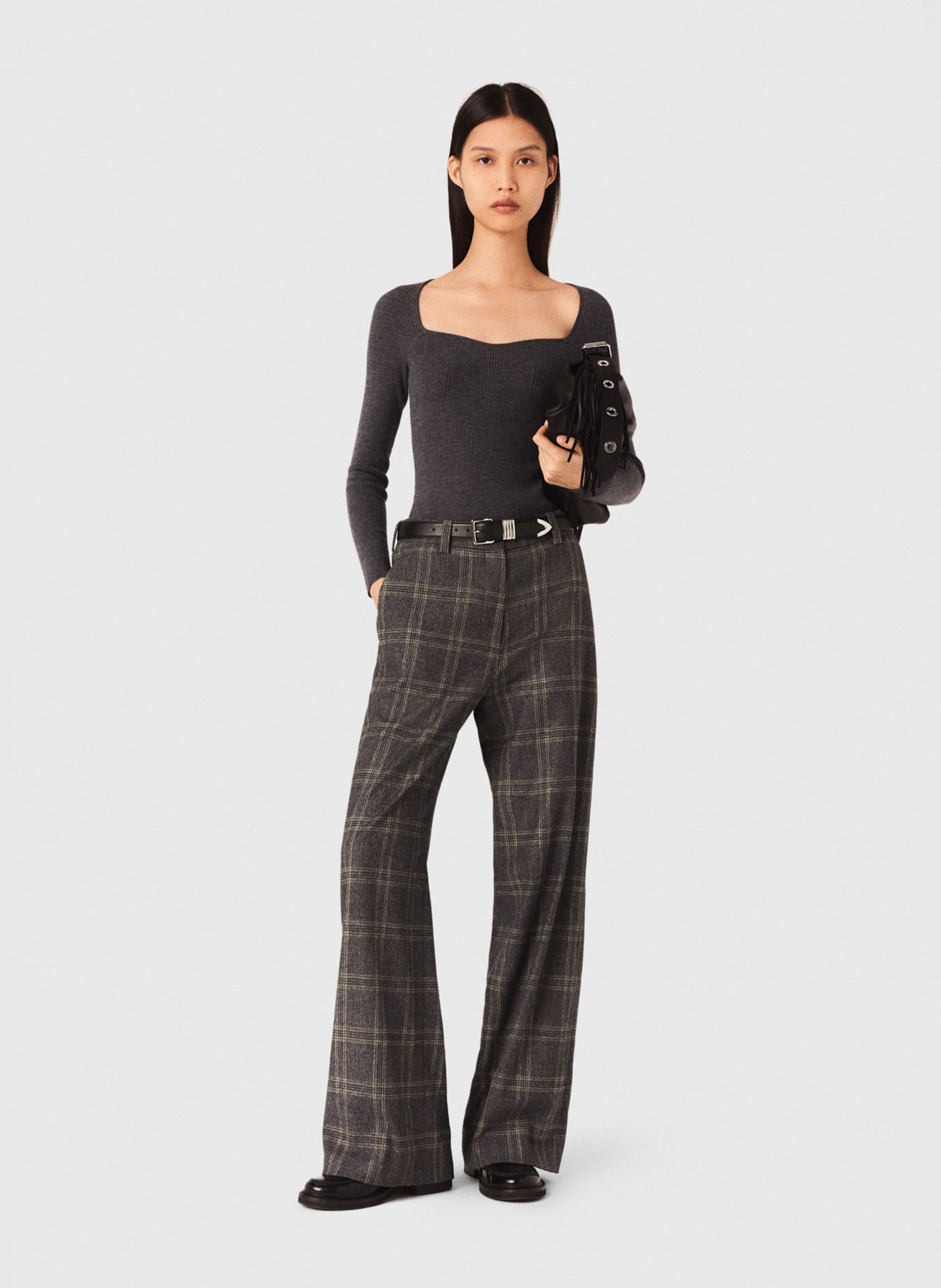 Pantalon large taille haute à carreaux MAJE Gris