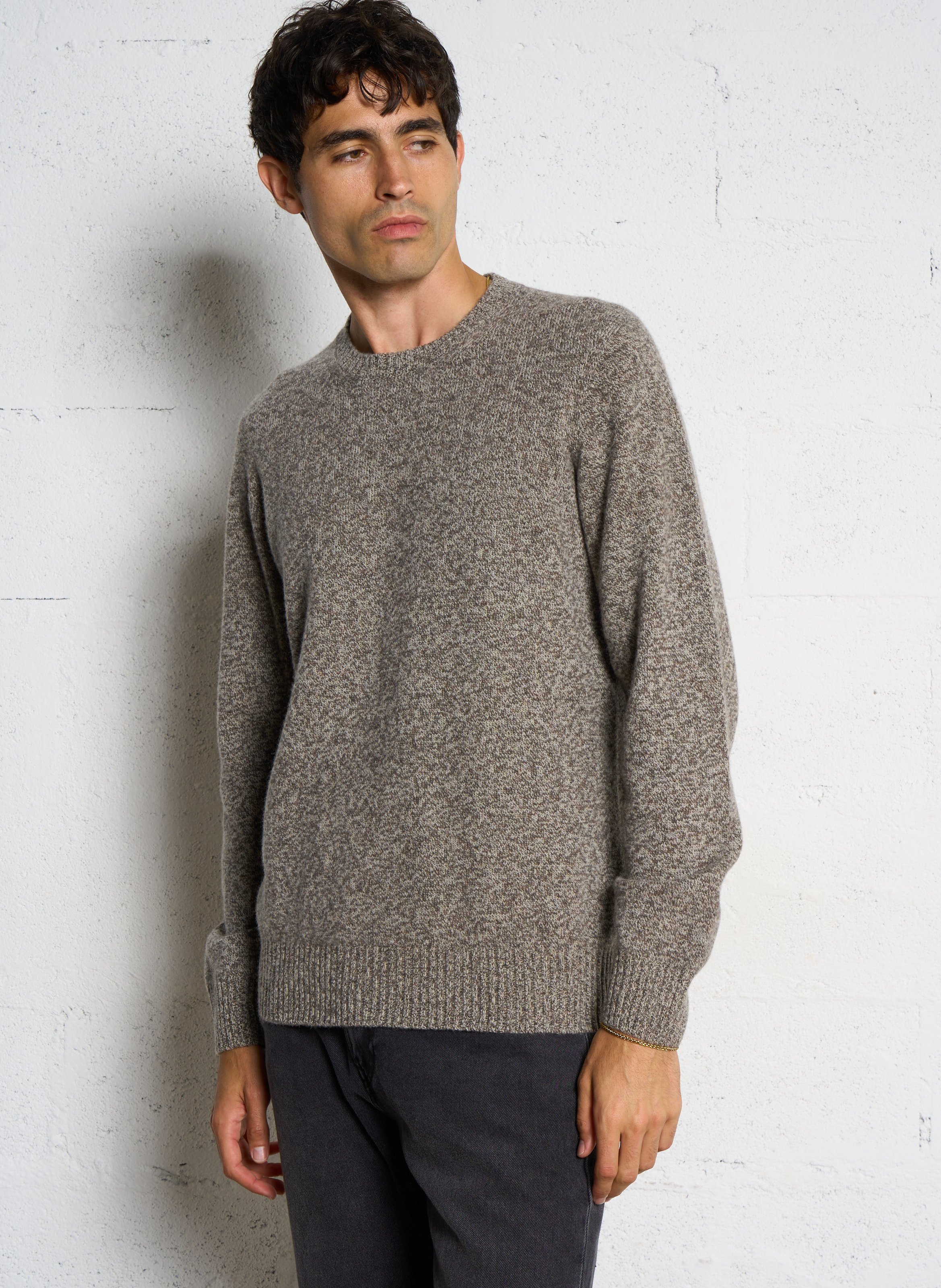 Pull droit col rond jacquard en laine HARTFORD Marron
