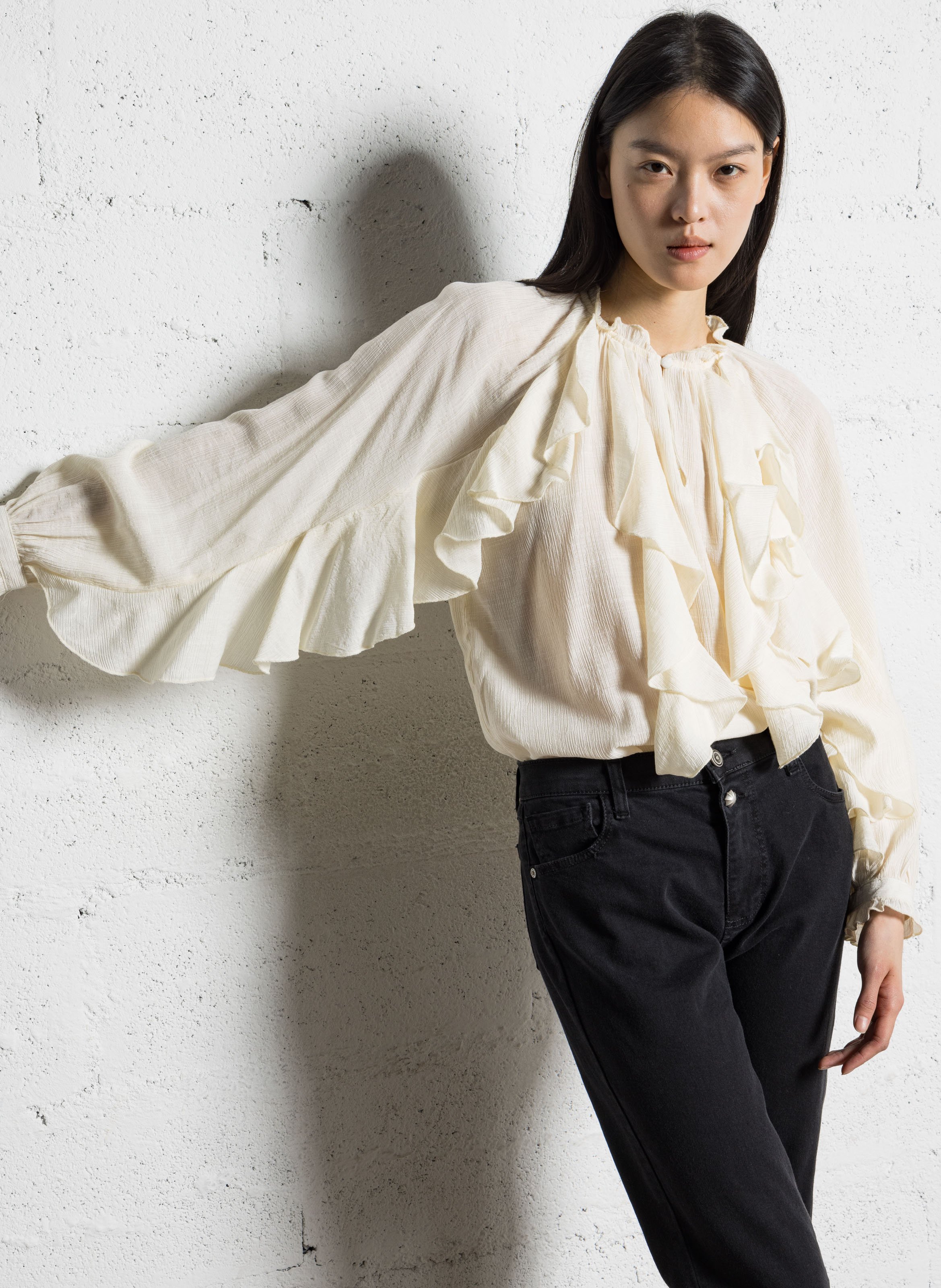 Flowy blouse with ruffled round neck. LA PETITE ETOILE Beige