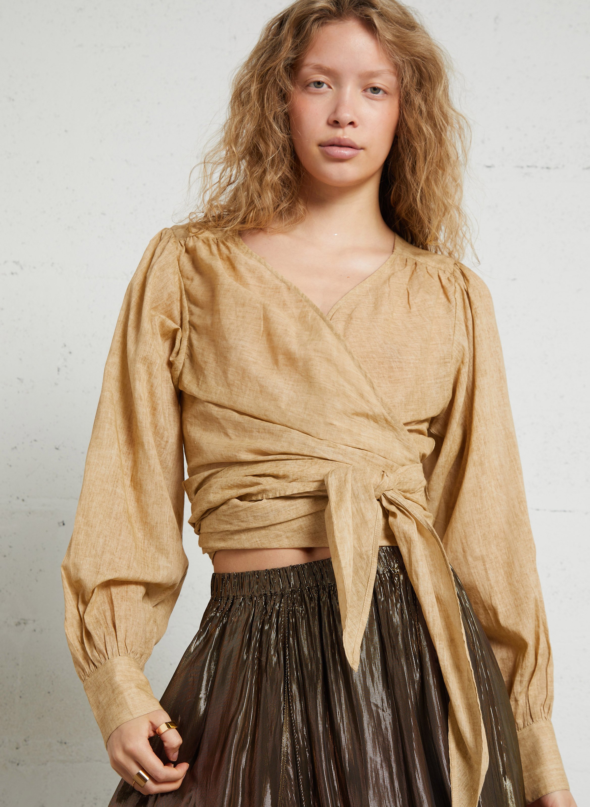 Oversized V-neck cotton blouse MES DEMOISELLES Beige
