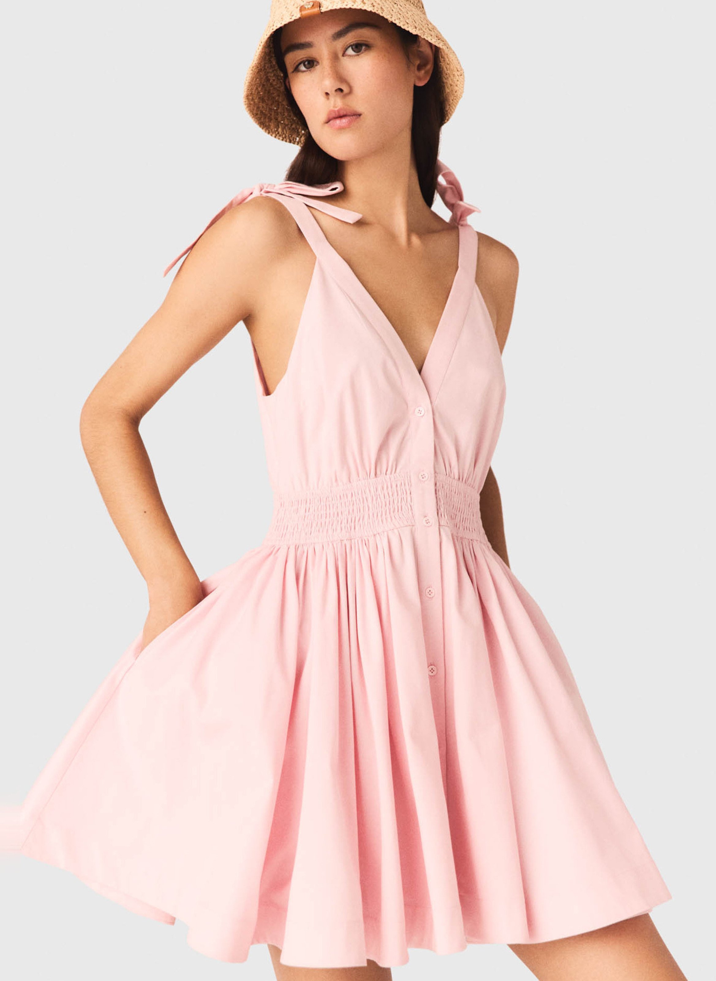 Korte geplooide jurk met spaghettibandjes MAJE Roze